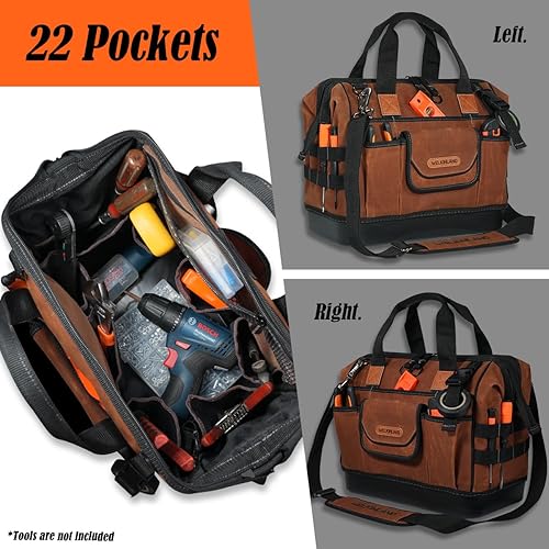 Miniatura 4 de WELKINLAND Bolsa de herramientas de fondo duro de 22 bolsillos, Bolsa de herramientas de lona encerada de 14 pulgadas, Bolsas de electricista