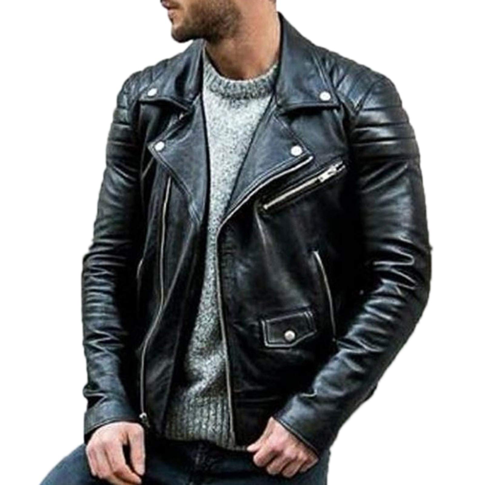 Men's Motorcycle Rock Punk Biker Leather Jacket Multi-Zip Design