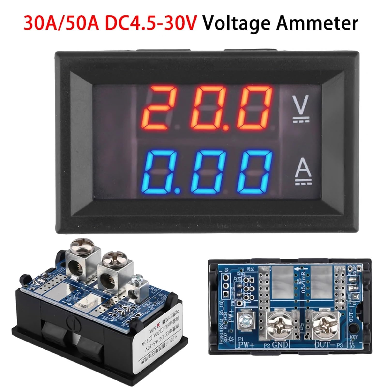 DC 4,5-30 V, 30 A, 50 A, Mini-Voltmeter, digital, Amperemeter, 3 Bits, 0,7 cm (0,28 Zoll), doppelter LED-Voltmeter, Tester mit eingebauter Bypassung, (WHITE)