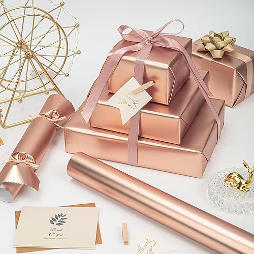 Miniatura 5 de Homeral Rollo de papel de regalo jumbo de 81.8 pies cuadrados (30 pulgadas x 32.8 pies), color sólido dorado rosa mate para Navidad, cumpleaños,