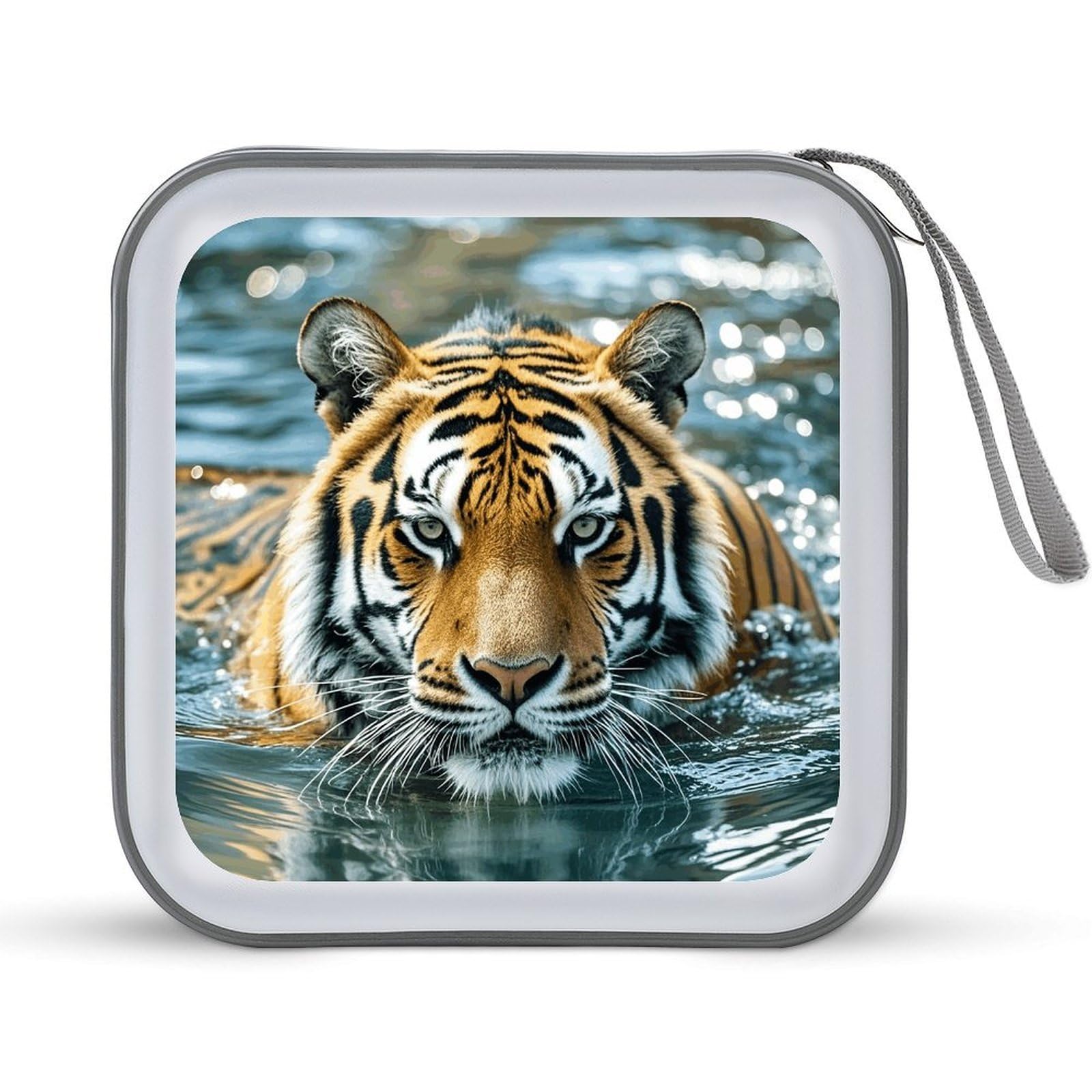 FekiLoot Tiger Swims in the Water 40 Capacity CD Case, Hard Plastic DVD Holder, Car DVD Disc Storage Folder Portable Zipper Organizer