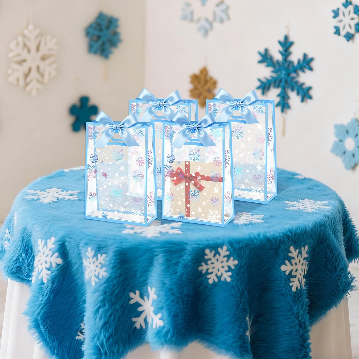 Capoda 24 Pcs Winter Snowflake Gift Bags Snowflake Clear Party Favor Bags with Handles Plastic Reusable Candy Treat Handbags Bulk with Ribbon for Holiday Princess Wonderland Party Decor Supplies