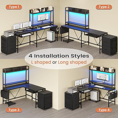 Miniatura 5 de VIGKOOK Escritorio para juegos en forma de L con estantes, escritorios reversibles de oficina en casa de 55 pulgadas con toma de corriente, tira LED