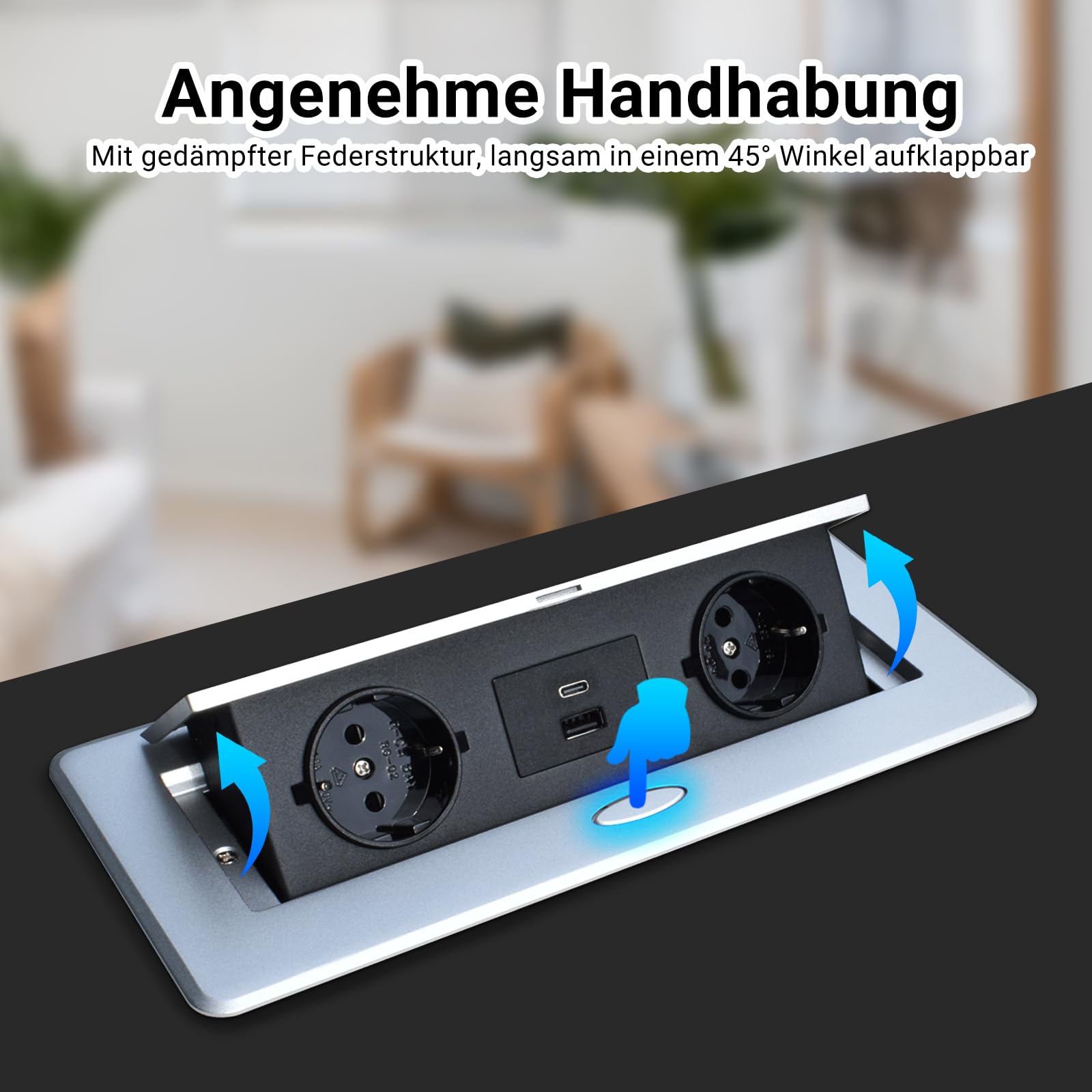 Prise encastrable escamotable avec fonction de charge rapide PD20W USB-C, prise de table pour bureau, plan de travail de cuisine, argent