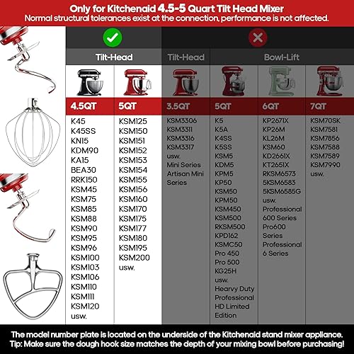 Vista 4 de Gancho de masa de acero inoxidable para batidora de pie KitchenAid, gancho para pan para batidora de pie de cabeza inclinada de 4.5 a 5 cuartos