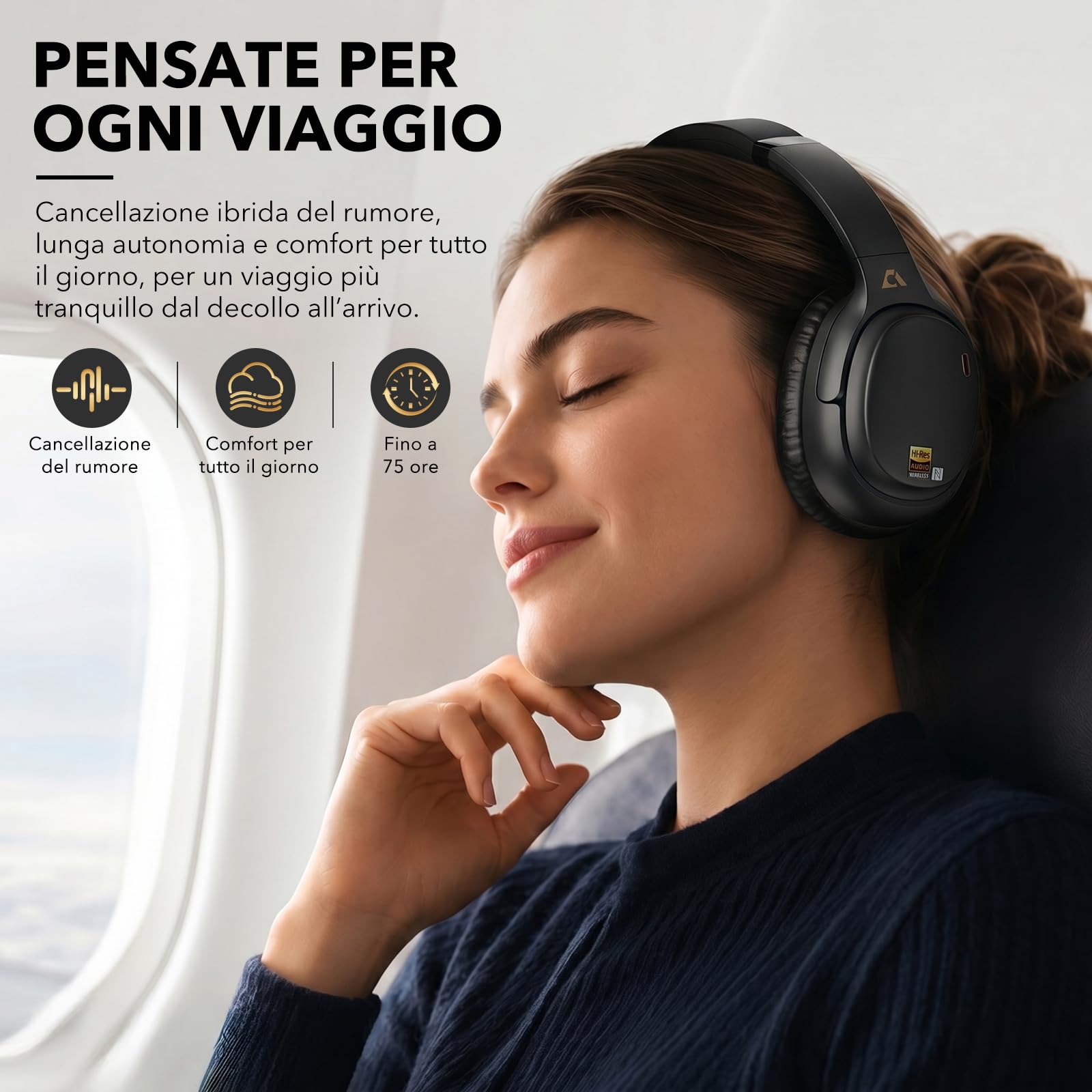 1Mii E700 Cuffie Wireless Bluetooth Over-Ear con Cancellazione Rumore, Nero | ANC Ibrida per Viaggi/Spostamenti, Audio Hi-Res LDAC per Musica, Comode per Ufficio/Studio, aptX Low Latency per TV/Aerei