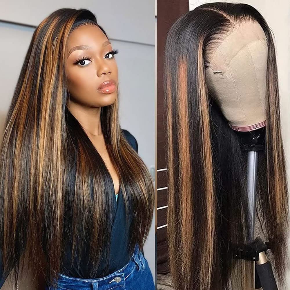IFTIME Ombre Lace Front Wig Human Hair 20inch 13x4 Straight Highlight Lace Front Wigs for Women Human Hair Lace Front Wigs 180% Density Pre Plucked with Baby Hair 1B/30 Lace Frontal Wig