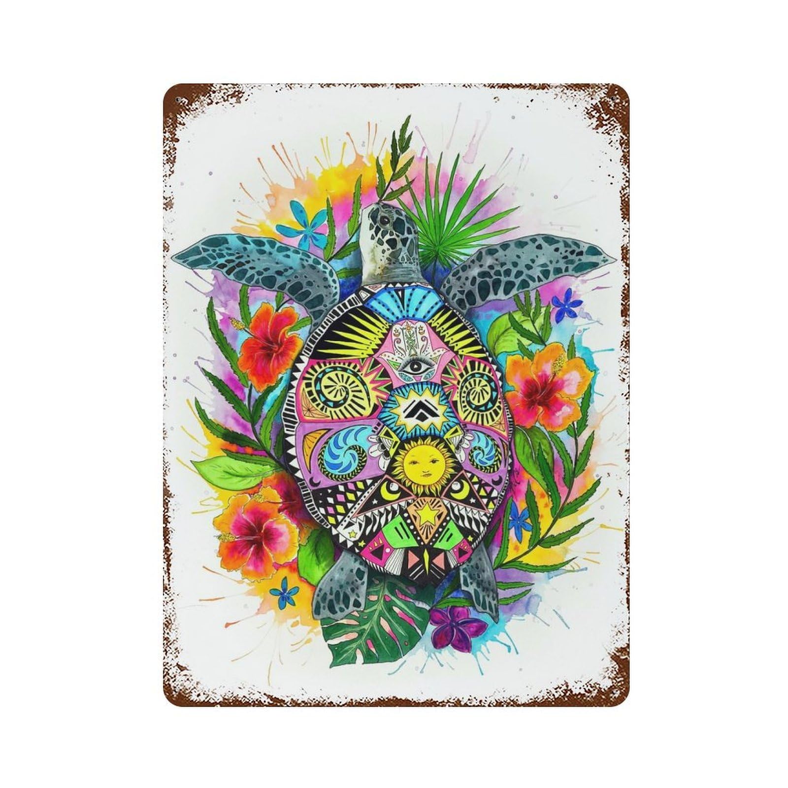 Rust Effect Tin Sign Spiritual Turtle 15.7"x11.8", Vintage Wall Decor for Living Room, Hallway And Home Decor