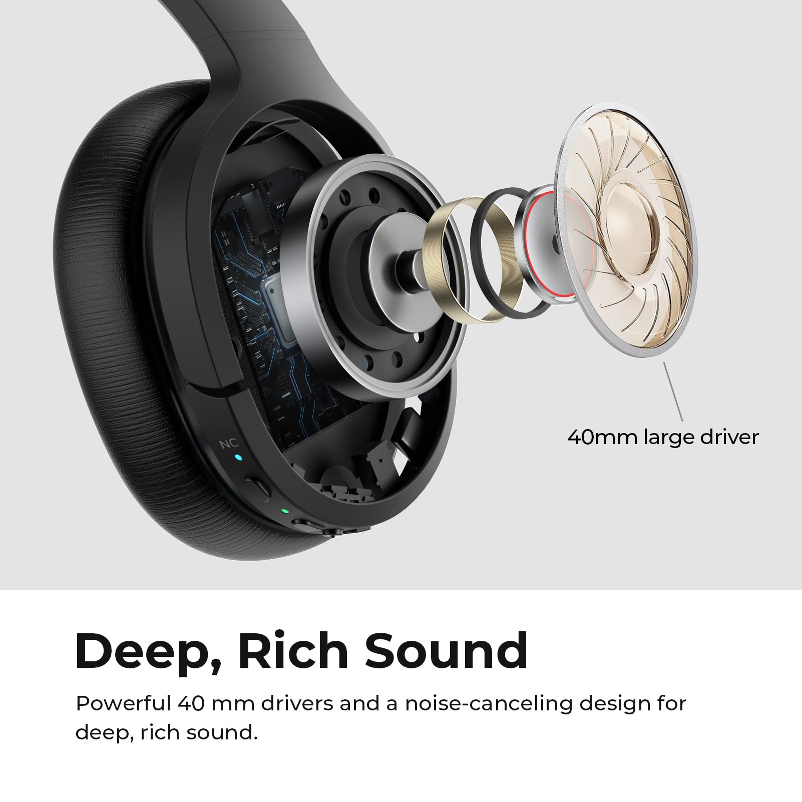 Cuffie Bluetooth ibride con cancellazione attiva del rumore, cuffie wireless over-ear, cuffie Bluetooth 5.2, suono coinvolgente, bassi profondi, 30 ore di riproduzione, nero vero