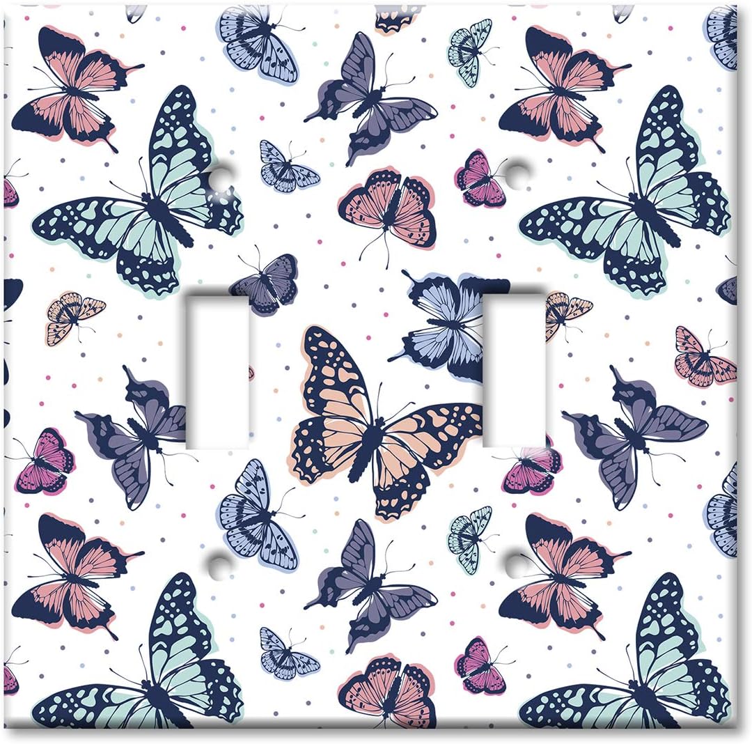 Art Plates 2-Gang Toggle OVERSIZED Switch Plate - OVER SIZE Decorative Metal Wall Plate - Pink, Blue and Green Butterflies - (Made in USA)