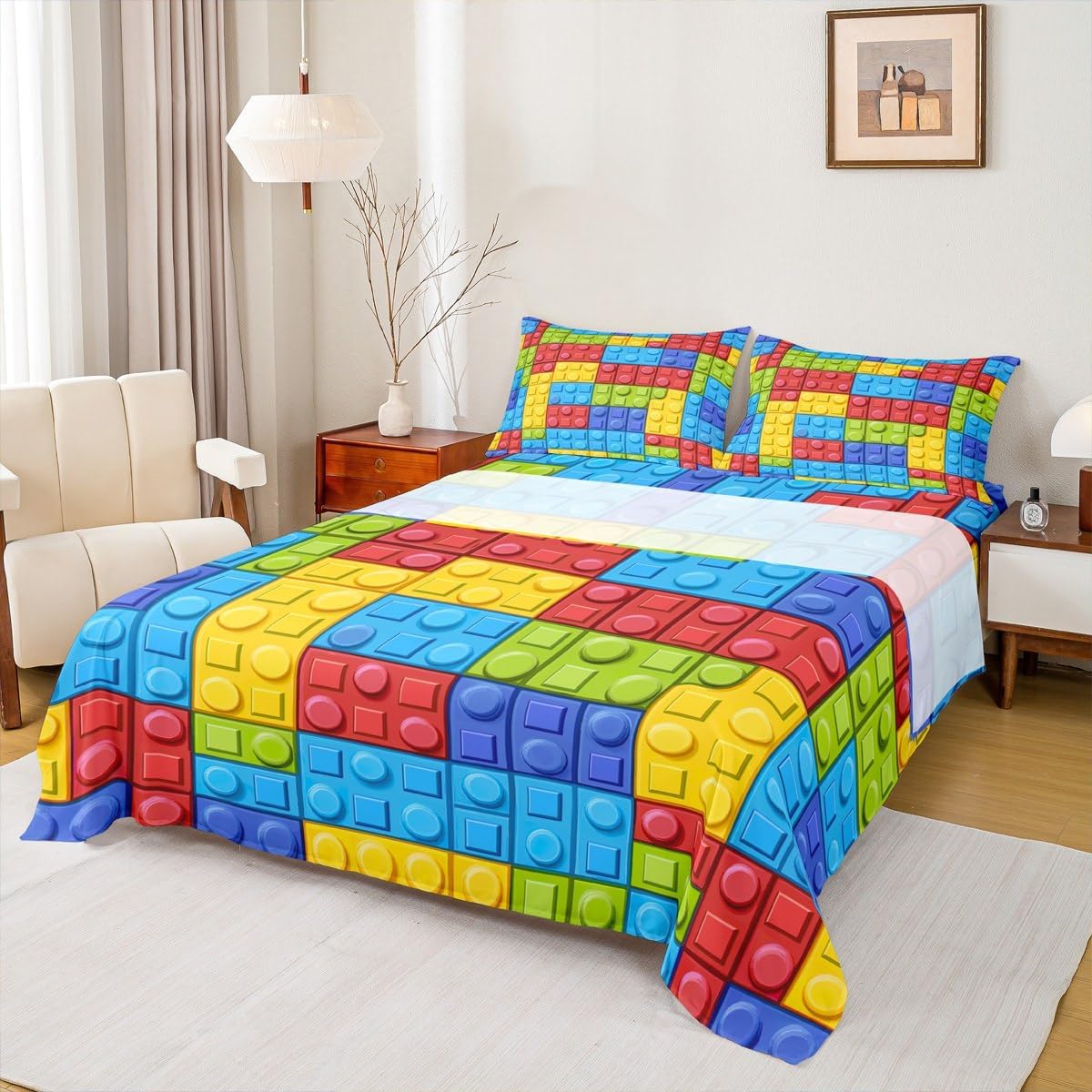 Feelyou Colorful Toy Bedding Set Teen Women Men Funny Building Blocks Decor Bed Sheets Twin Size Kids Boys Girls Colorful Geometric Brick Fitted Sheet Set Cute Games Room Decor image 2