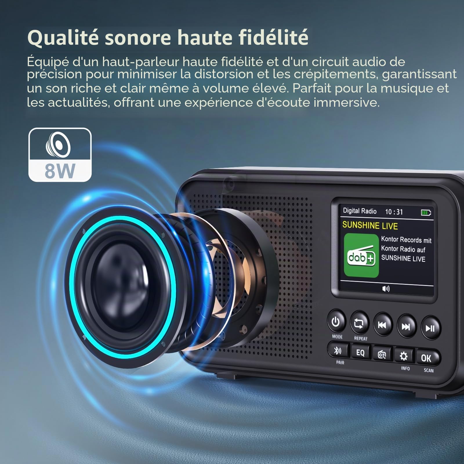ROCAM Radio Portable Dab/Dab+/FM avec Bluetooth 5.0 & 3000mAh Batterie | 2,4" Écran Couleur Réveil Radio Rechargeable avec Deux Alarmes, 40 Dab/FM Stations Préréglées,12 Langues,TF Carte Emplacement