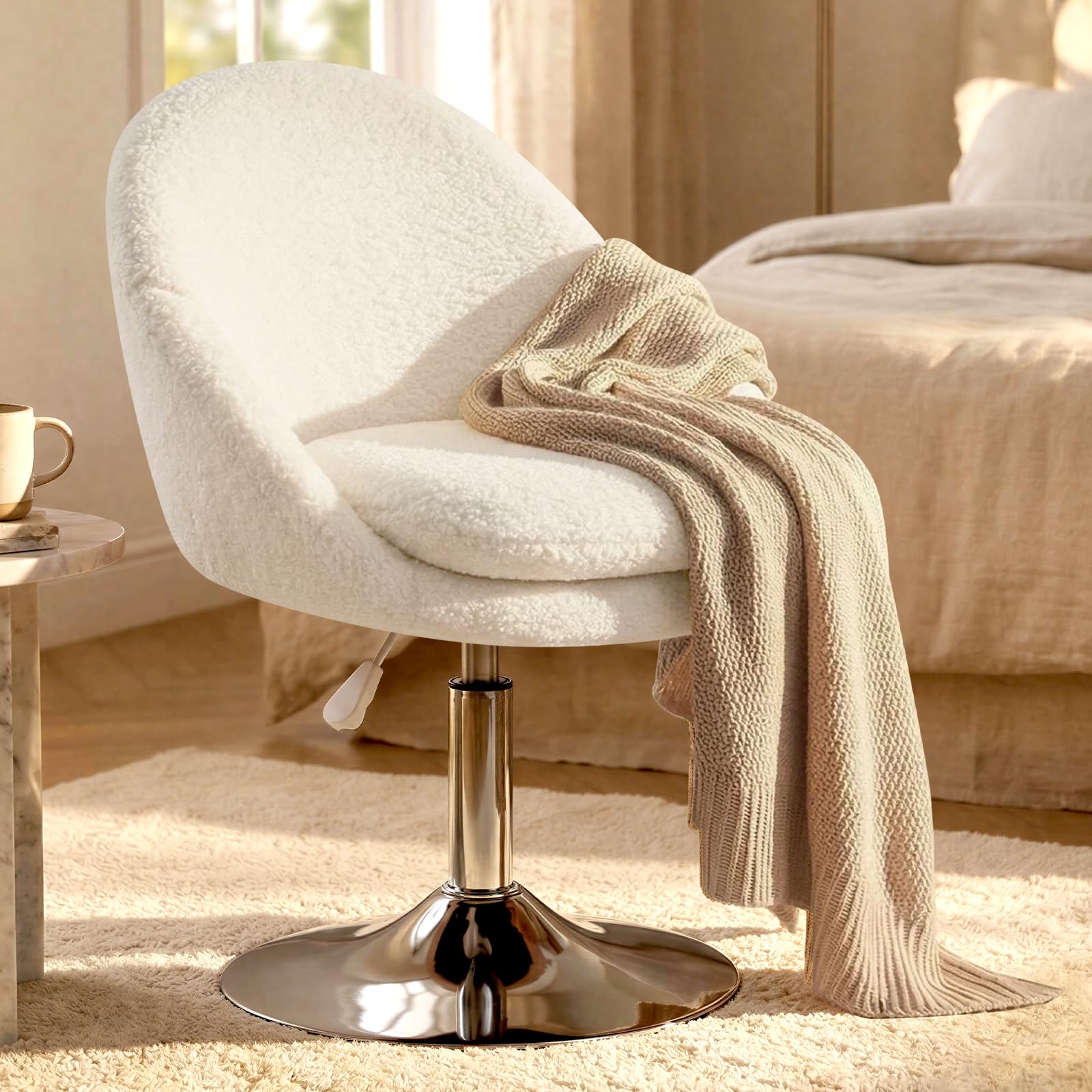 Hellove Chaise Coiffeuse Sherpa Blanc, Tabouret de Coiffeuse 360° Pivotant, Tabouret Siège Vanity Chair Hauteur Réglable avec Rembourrage Épais (10 cm) Double Couche pour Salon Chambre, 127 KG