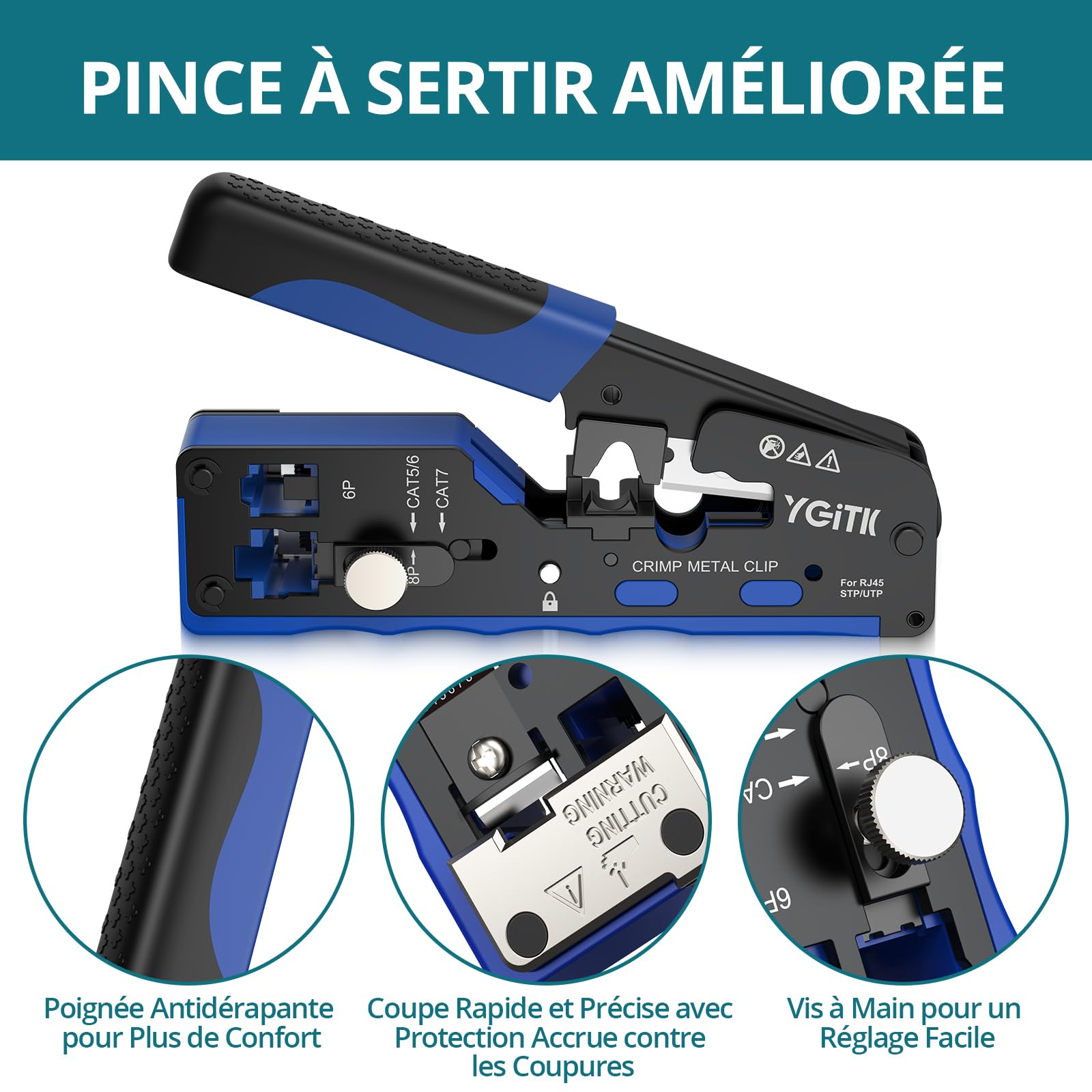 Pince à Sertir RJ45 Kit d'Outils de Sertissage RJ45 | Testeur de Câble Réseau avec Pince à Dénuder, CAT6 Tête en Cristal Plaqué Or, pour Connecteur Réseau CAT5/CAT6/CAT6A/CAT7