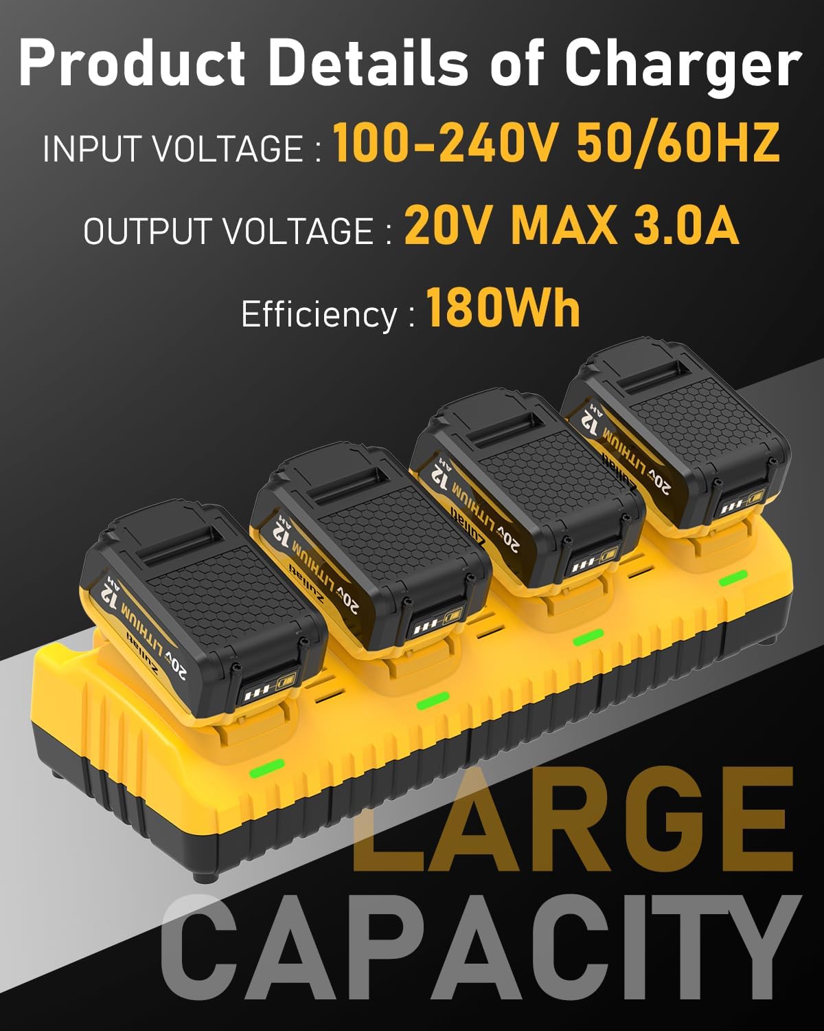 DCB206 12000mAh Replacement for Dewalt 20V Battery and DCB104 Charger,DCB206-2 DCB203 DCB201 DCB204 Compatible with Dewalt 20 Volt Battery DCD985B Power Tools with LED Indicator(Yellow-DCB104) - Image 5