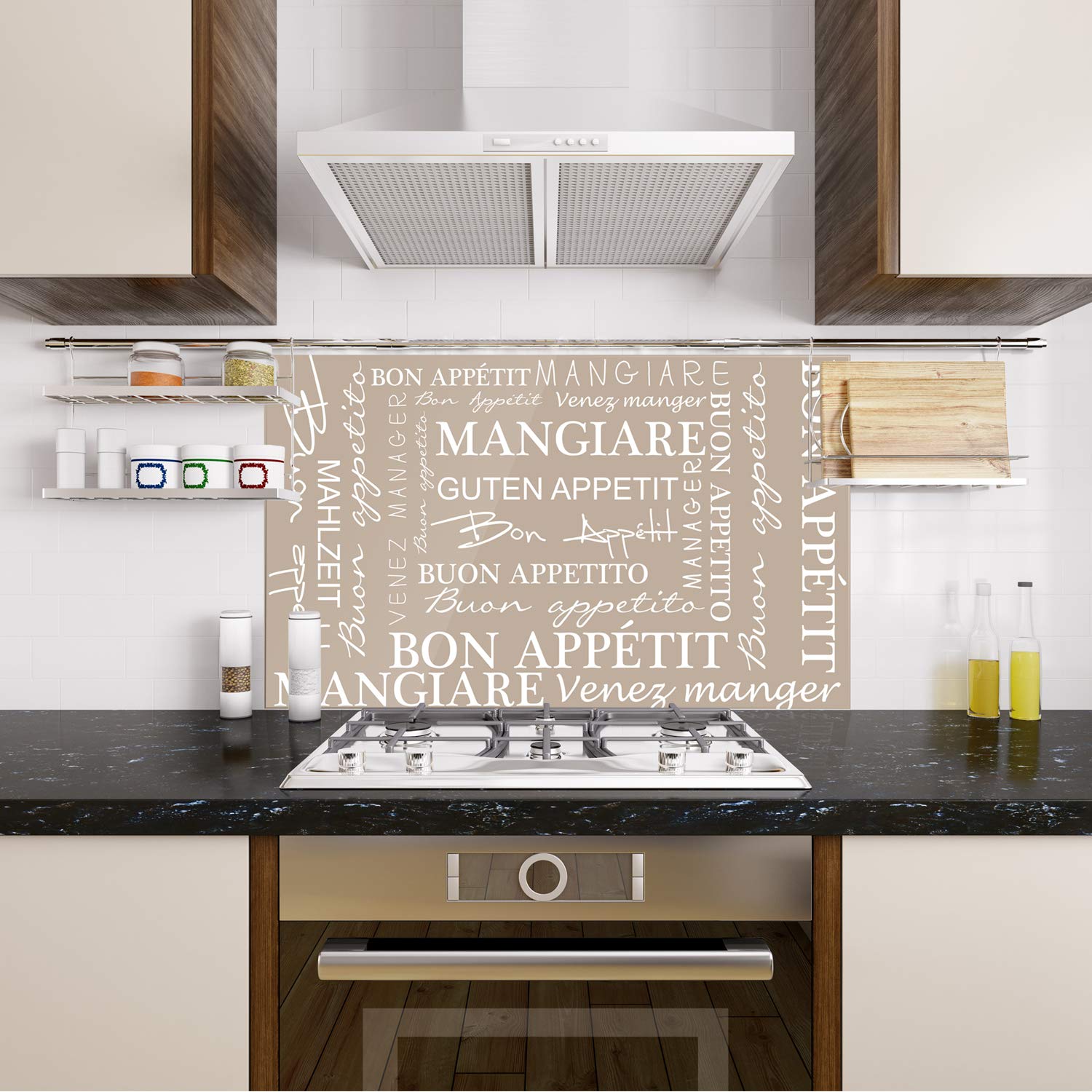 Produktbild von GRAZDesign Spritzschutz Küche Für Herd Küchenrückwand Glas Spüle Bild-Motiv Zitat Essen Ist EIN Bedürfnis, Küchenspiegel (60x60cm