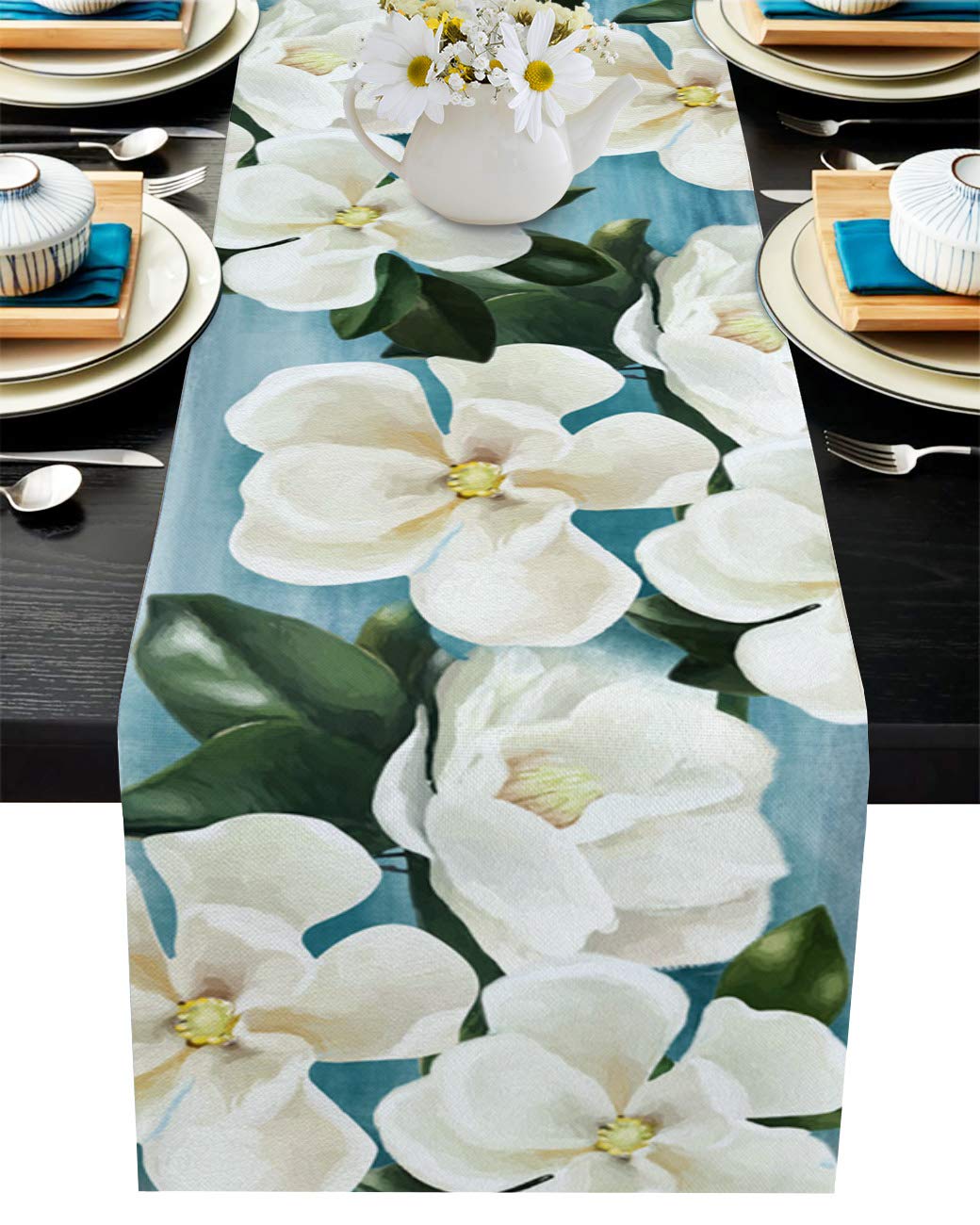 Table Runner Burlap Watercolor Print Magnolia Floral with Leaves 13x120In, Linen Tables Cover Tablecloth for Party, Family Dinners, Gatherings, Wedding Events, Holiday Banquet Render Gradient