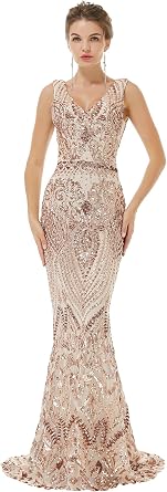Women Sequinsd V Neck Mermaid Evening Dresses Sleeveless Bridesmaid Dress Formal Party Prom Gowns