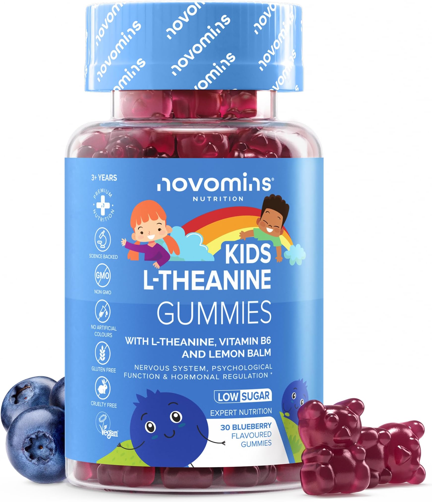 Kids L Theanine Gummies - 1 Month Supply - 50mg with Lemon Balm & Vitamin B6 to Improve Kids' Focus & Concentration - 30 Count - Vegan L Theanine Supplements Gummies - Novomins