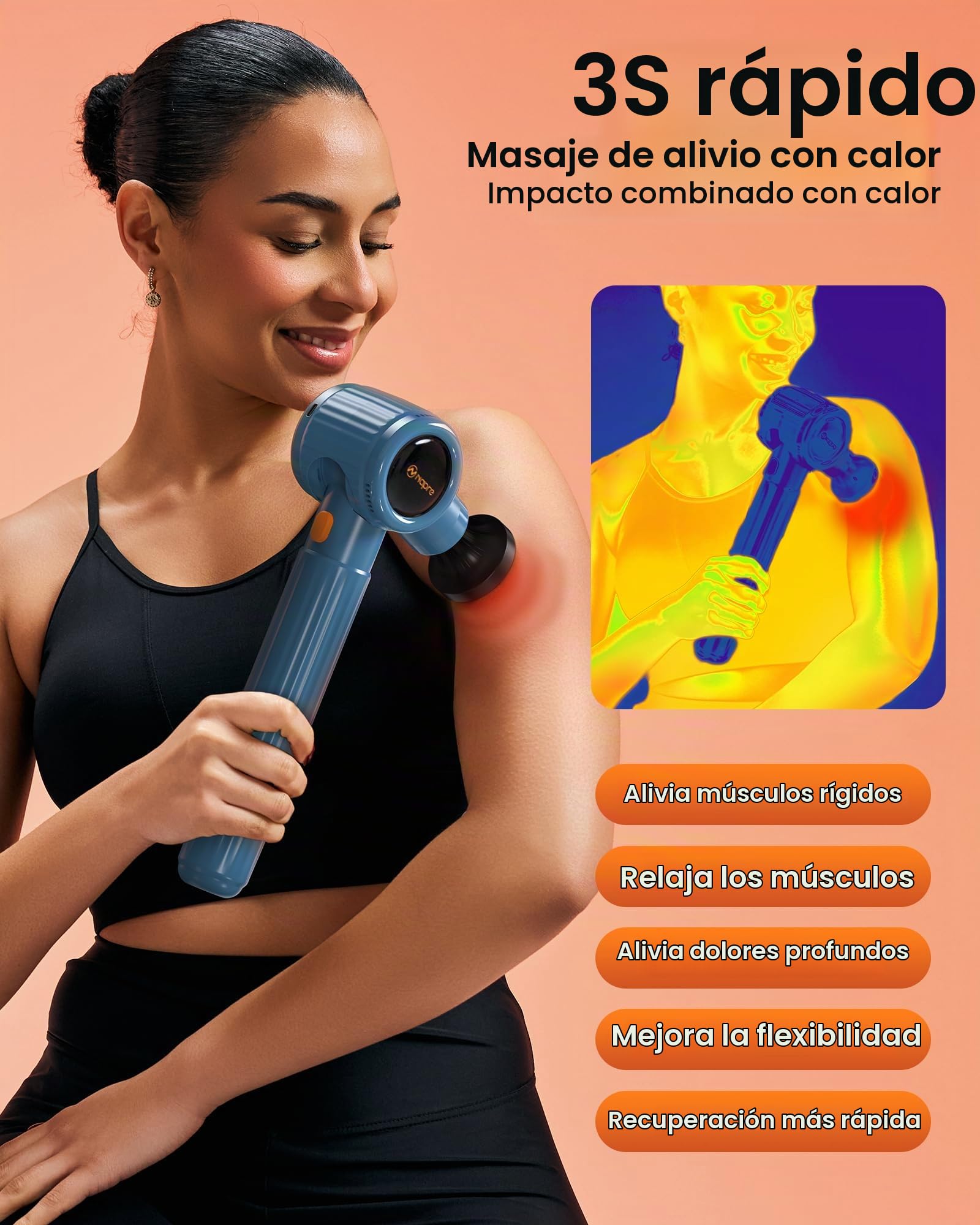 Pistola de Masaje Muscular con Calor y Luz Roja Terapia,Napre Pistola Masaje Muscular con Mango Largo y 3 ángulos Ajustables,Massage Gun Pistola Masajeadora,Masajeador Muscular Cervical Espalda,Azul