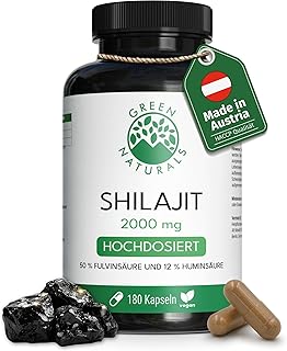 Green Naturals® Shilajit Kapseln – Hochdosiert: 40.000 mg pro Tagesdosis (20:1 Extrakt) – Original Himalaya Kapseln mit 50% Fulvinsäure & 12% Huminsäure – Qualität aus Deutschland – 180 Kapseln
