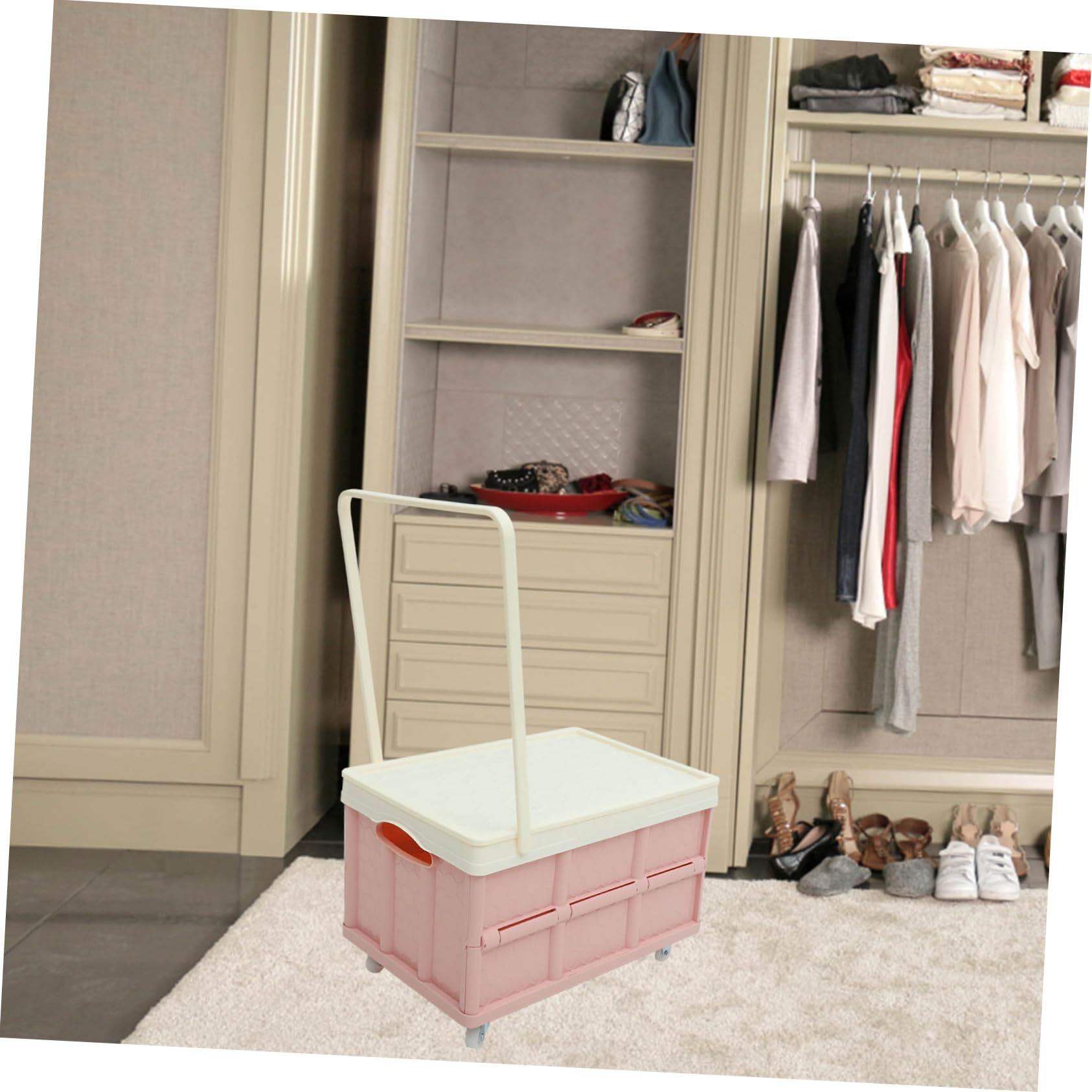 Caja de Almacenamiento con Ruedas Rosa, Plástico, Tapa y Diseño Plegable