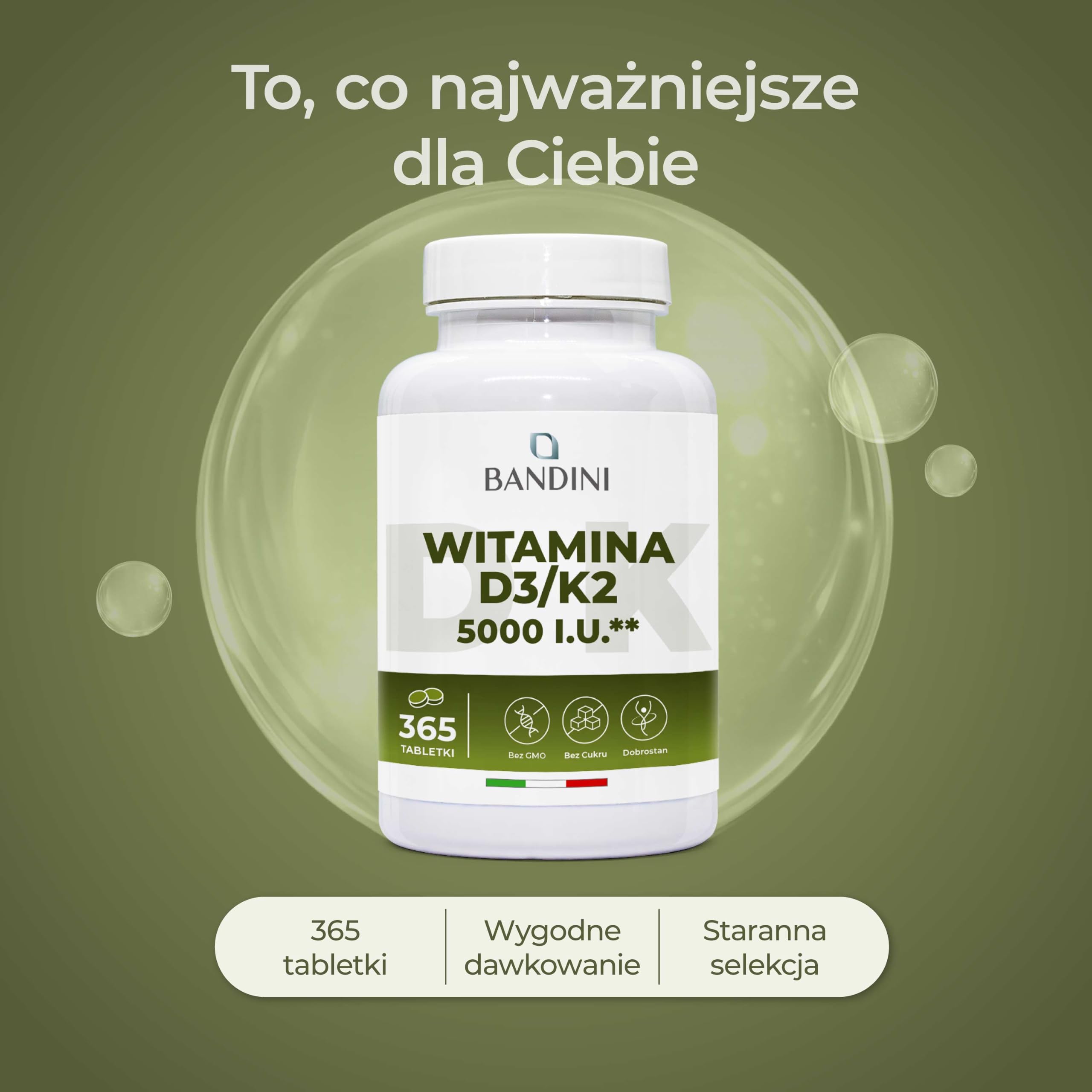 Bandini® Witamina D3 + K2 | 365 tabletek | 100mcg K2-99,7+% All-Trans K 2-MK7 + 125 µg - 5000 IU Witaminy D Cholecaciferol | Witaminy D3 i K2 chronią Kości, Zęby i Układ Odpornościowy