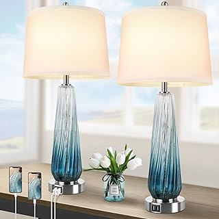 Modern Table Lamps Set of 2, Glass Bedside Lamps with 2 USB Ports, Teal Nightstand Lamp Buffet Lamps with White Fabric Shade, 27.5" Tall Lamps for Living Room End Tables, Bedroom Coastal Art Deco Lamp