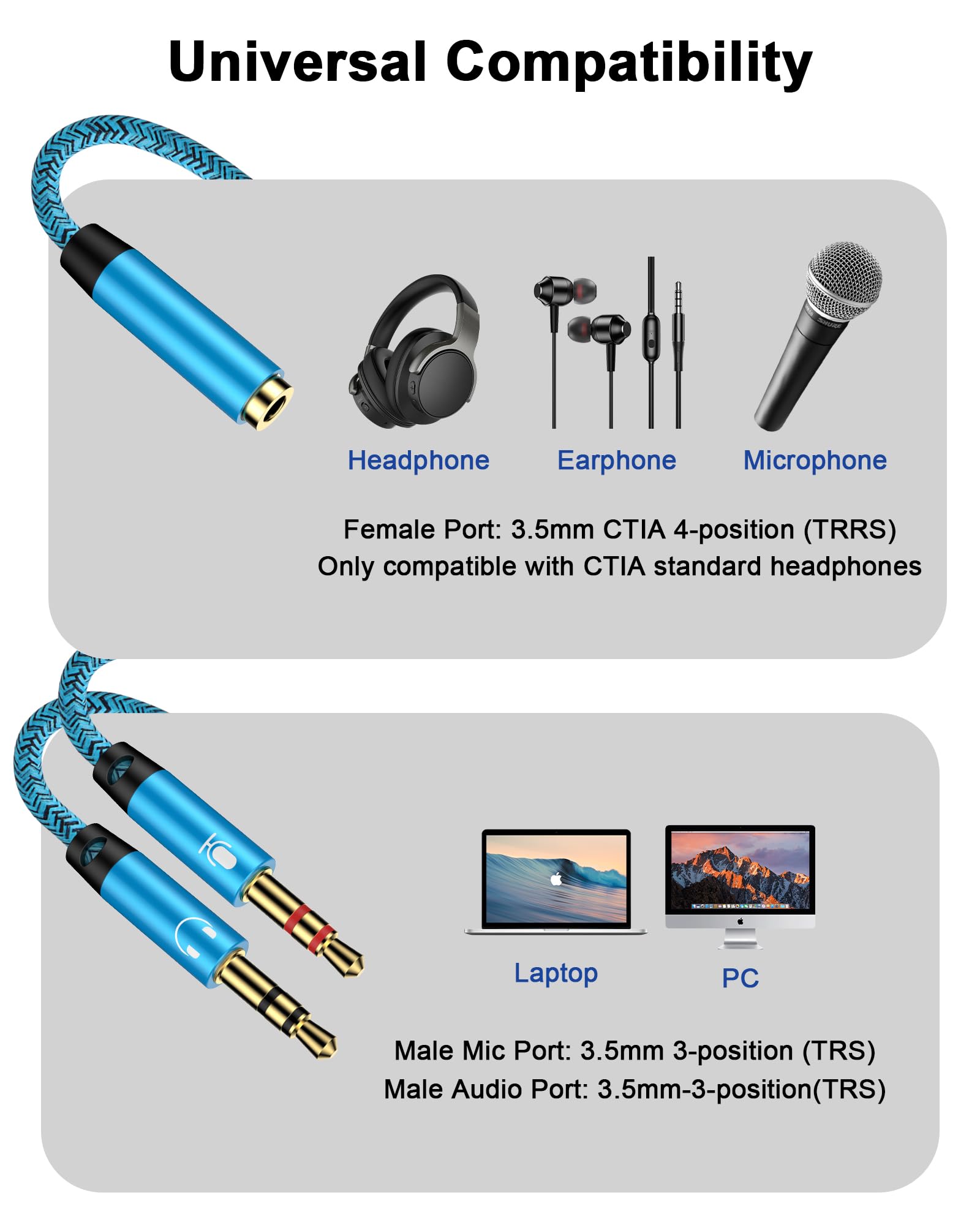 Sdoppiatore audio per cuffie, intrecciato da 3,5 mm femmina a 2 doppi 1/8" maschio TRS stereo Aux Jack adattatore 2 in 1 Y splitter dongle convertitori cavo compatibile con cuffie, microfono