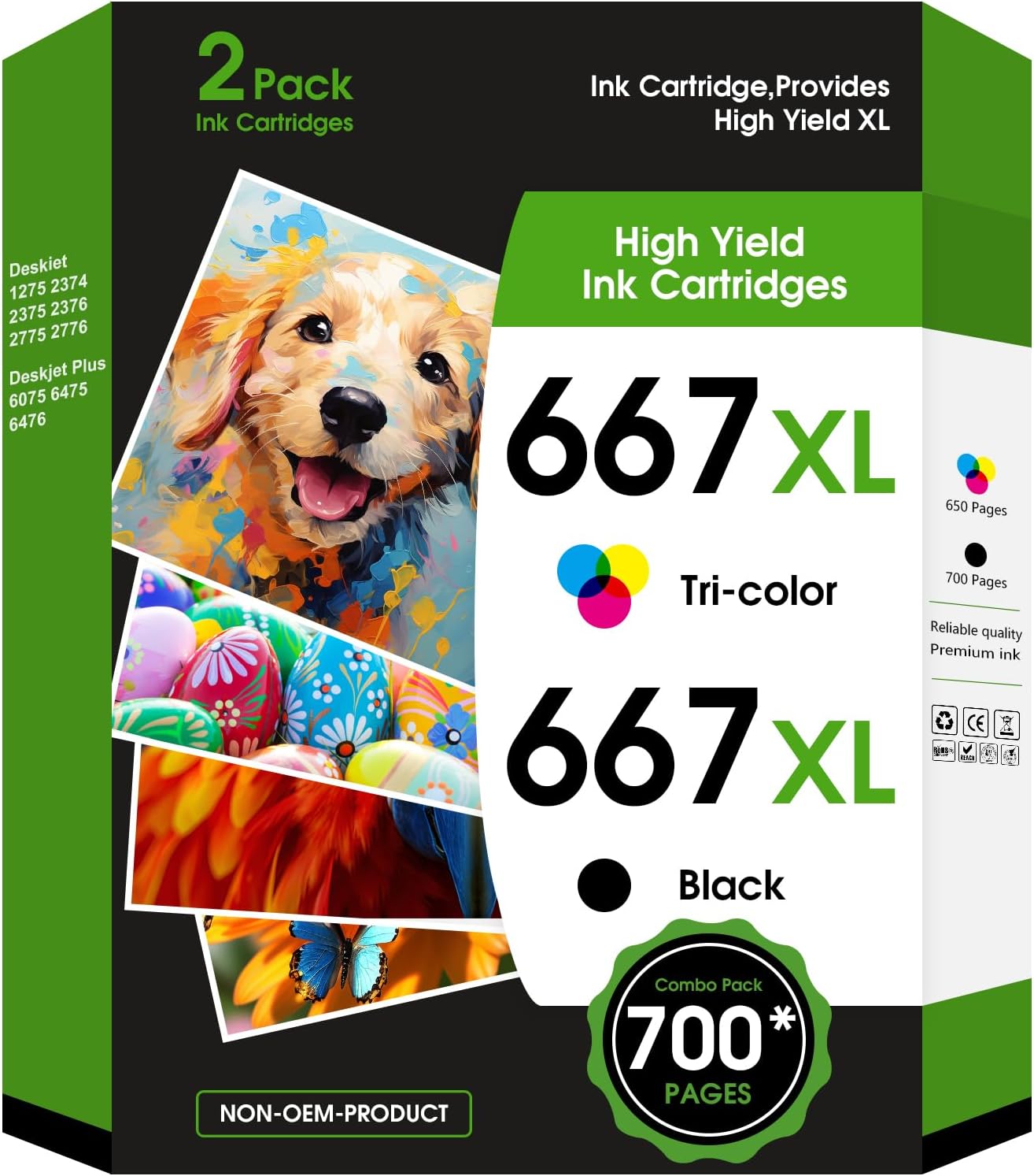 667XL 667 XL 667 Ink Cartridges Replacement for hp 667 Ink cartridges Black and Color Work for Deskjet 1275 2374 2375 2376 2775 2776 6075 6475 6476 Printer(1 Black and 1 Color