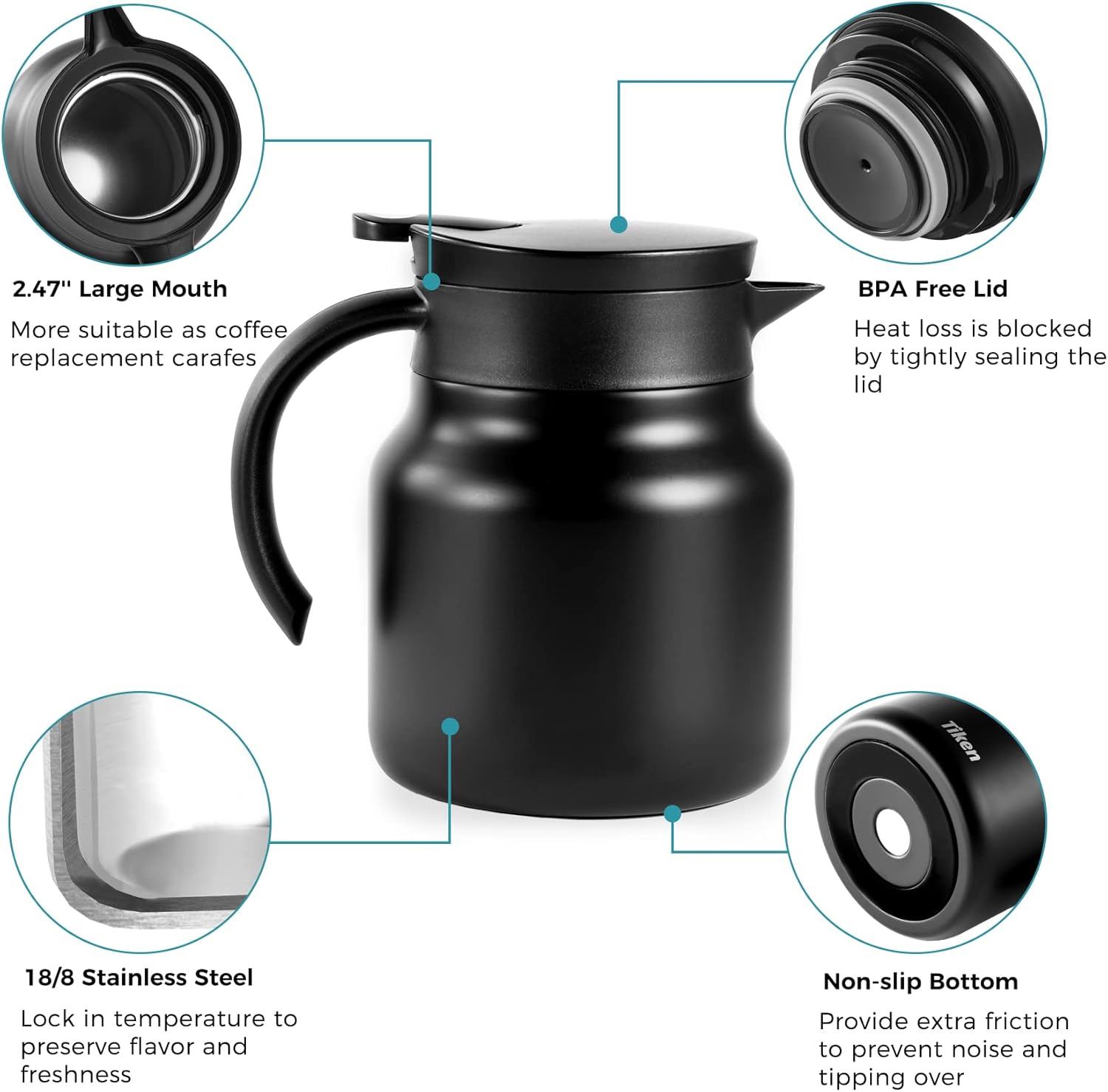 Tiken Coffee Server, 800ML (27 Oz) Thermal Coffee Carafe, Stainless Steel Insulated Vacuum Coffee Carafes For Keeping Hot - Matte Black