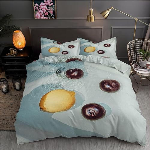 Juego de funda de edredón tamaño King con estampado de frutas verdes claras, juego de ropa de cama King de microfibra suave y 2 fundas de almohada
