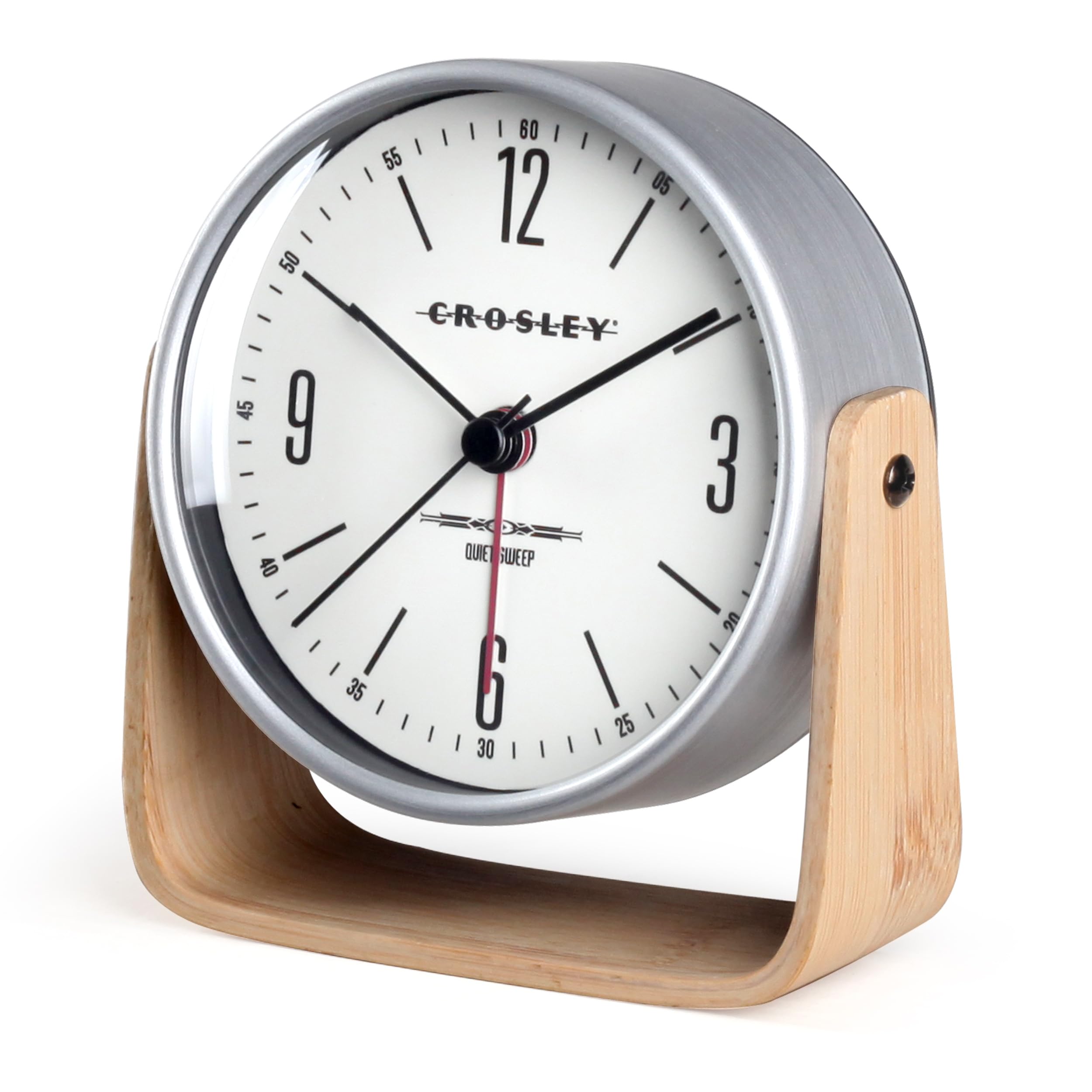 Westclox Timelink Crosley Modern Alarm Mantle Clock for Men - Tilt Adjustable, Quiet Sweep, Alarm with Snooze, Dial Light, Battery Operated Desk Clock for Home & Office (Silver, 4.7