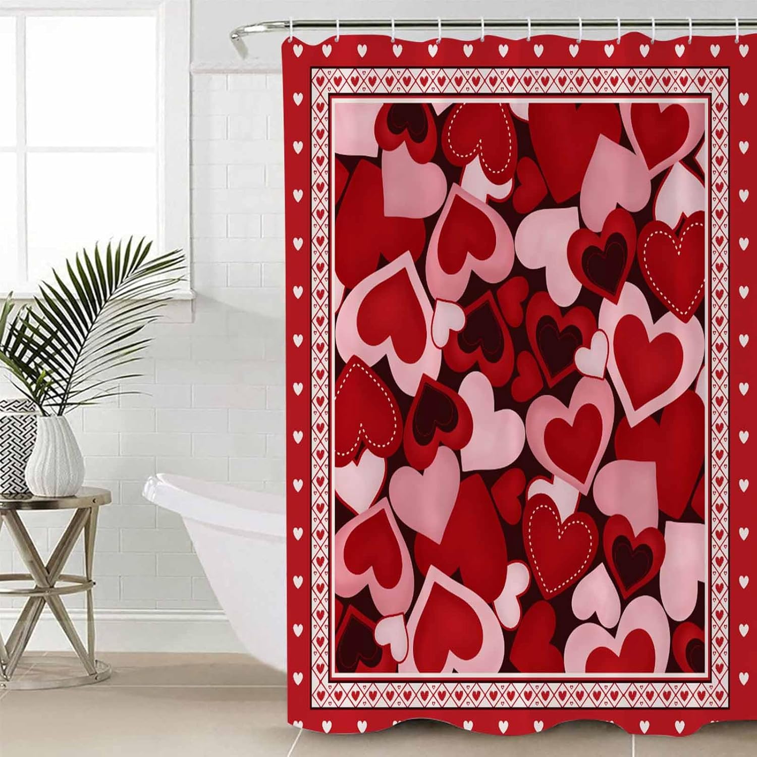 Valentine's Day Shower Curtain for Bathroom 72" x 96", Romantic Red Love Heart Holiday Shower Curtain with Hooks Polyester Waterproof Home Bathtub Decor