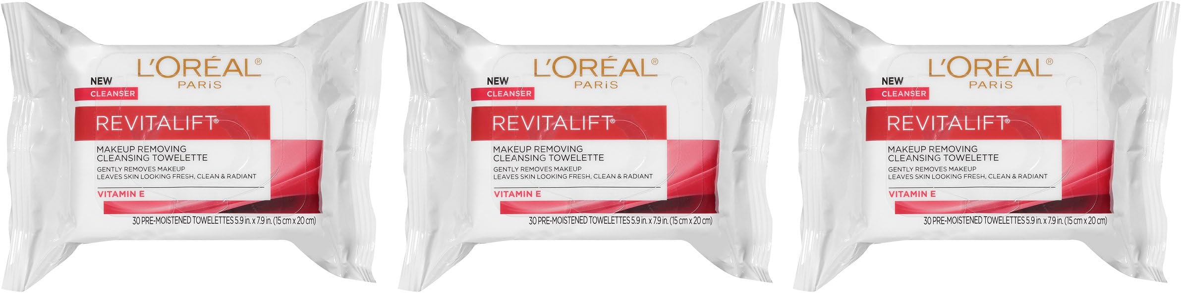 L'Oreal Paris Revitalift Makeup Removing Wipes with Vitamin E, Face Cleansing Towelettes, 30 Count, Pack of 3