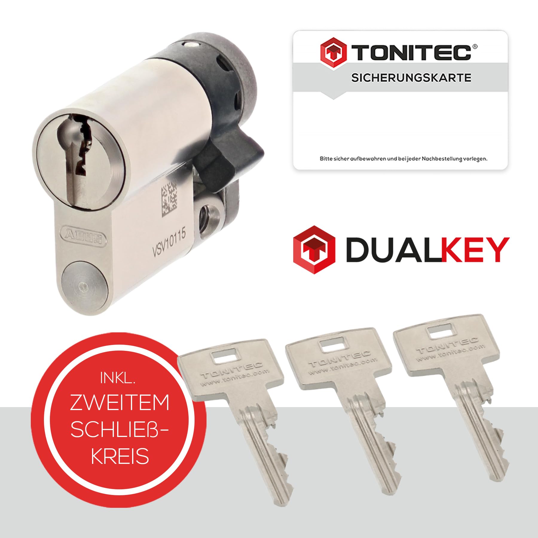 ToniTec DUALKEY Schließsystem by ABUS 2 in 1 Schließzylinder inkl. 2 x 3 Schlüssel |Sicherheits-Türzylinder Einzelschließung als Halbzylinder 10/30 |Umprogrammierbares Türschloss mit Sicherungskarte