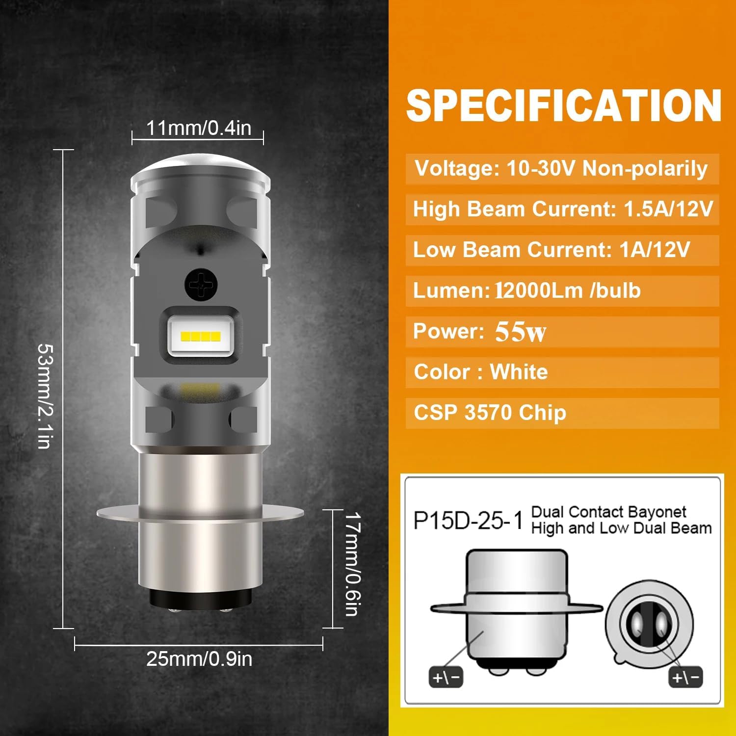 Fit For 1998–2014 Yamaha Grizzly LED Headlight Bulbs,H6 H6M P15D bulbs used for Motorcycle/ATVs/UTV, Super Bright 12000 Lumens 6000K White 55W, IP68,Plug and Play, 2-Pack