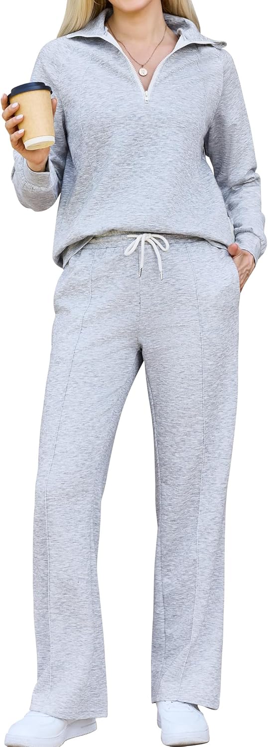difficort Women's 2 Piece Outfits Sweatsuit Casual Lapel Half Zip Sweatshirts Straight Leg Pants Tracksuit Travel Lounge Set