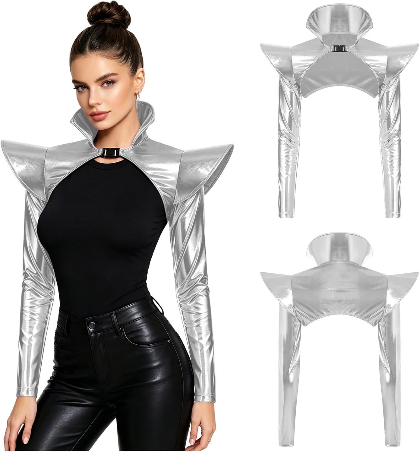 Women Double Shoulder Armor Chest Harness Bar Night Club Wear Shiny Metallic Cap Sleeves Tunic Tops
