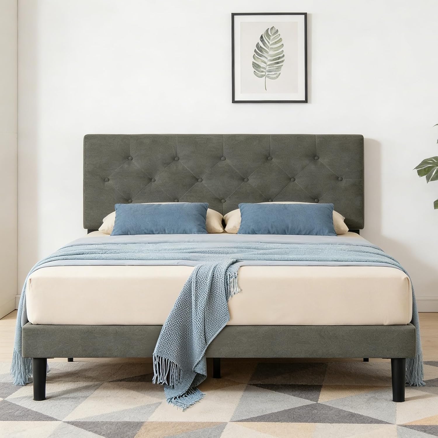 Queen Size Upholstered Bed Frame, Queen Platform Bed Frames Gray Bedframe with Linen Headboard, Wooden Slats Support, No Box Spring Needed, Easy Assembly