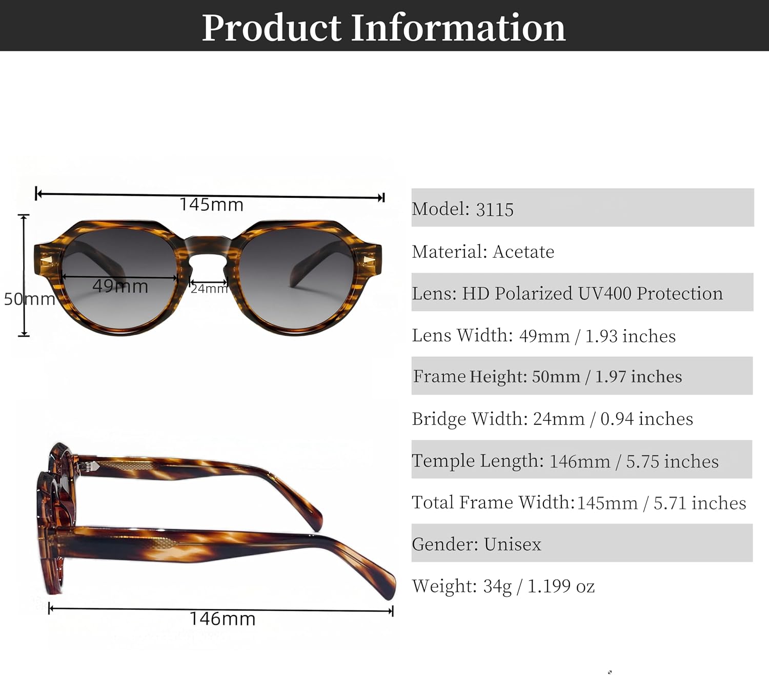 ROCKNIGHT Retro Italian Design Acetate Polarized Sunglasses Unisex UV Protection Durable Frame for Small Medium Face