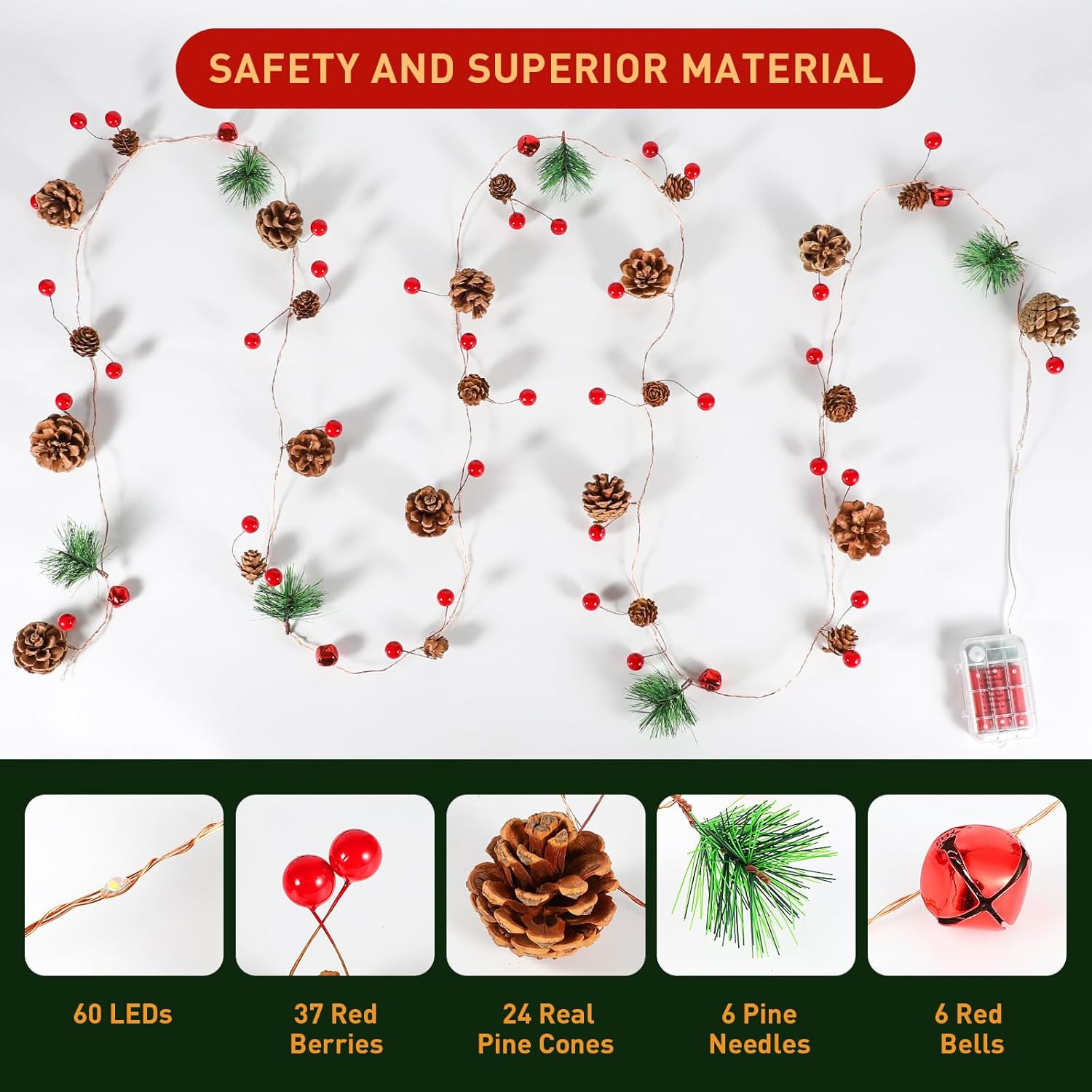 Christmas Garland with Lights, 9.8 Ft 60 LED Red Berry Pine Cone Battery Operated Christmas Garland with 8 Modes Remote for Fireplace Stairs Table Door Wall Xmas Tree Indoor/Outdoor Decor - Image 6