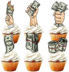 18pc Glitter Dollar Cupcake Toppers - Vegas Casino Theme Birthday Party Decorations