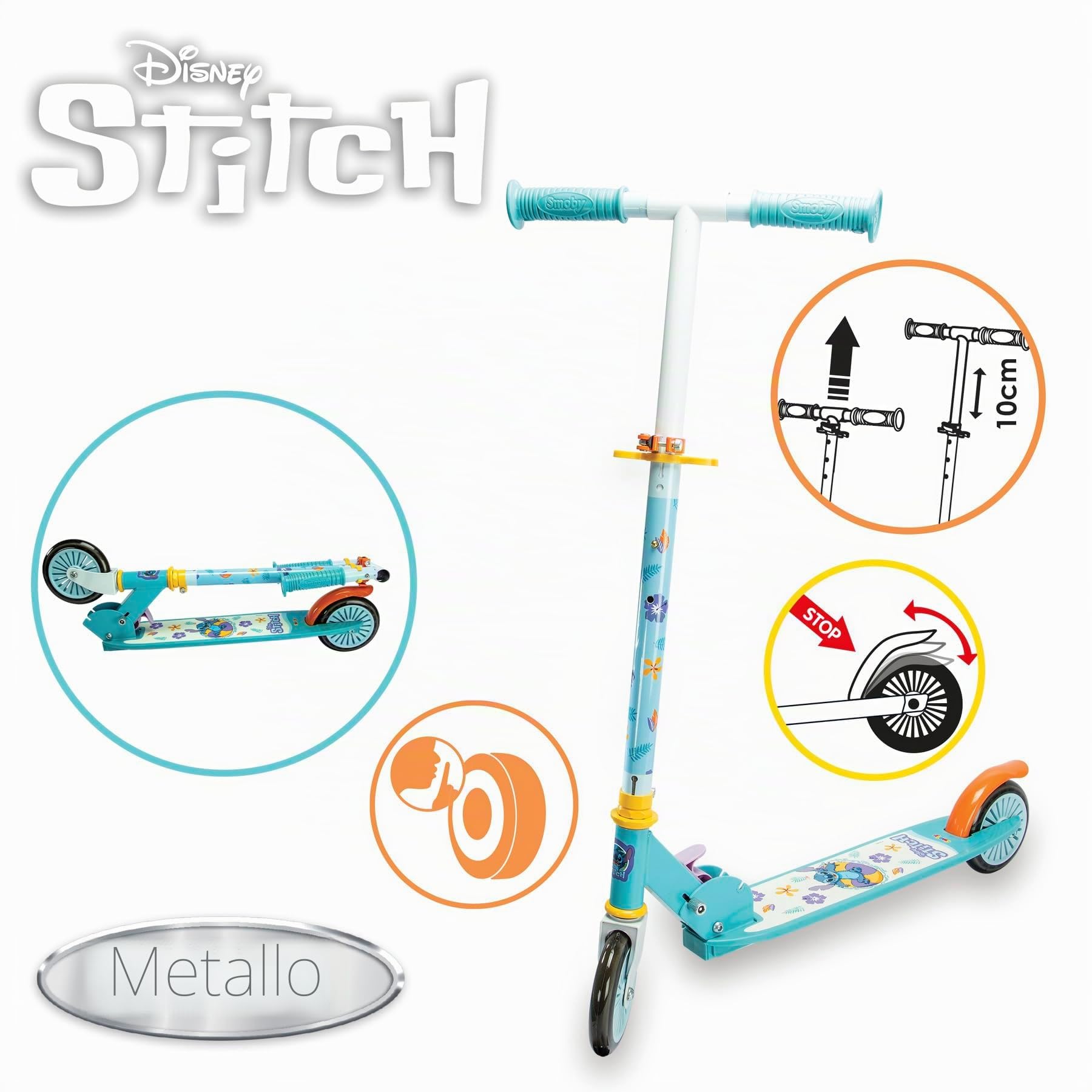 Smoby - Monopattino 2 ruote Stitch, struttura in metallo, manubrio regolabile in altezza, freno posteriore e impugnature di sicurezza, per bambini dai 5 anni, 7600750379
