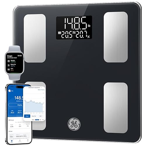 GE Báscula inteligente para peso corporal y grasa, báscula digital de baño con pantalla LED, IMC grasa corporal, monitor de composición corporal