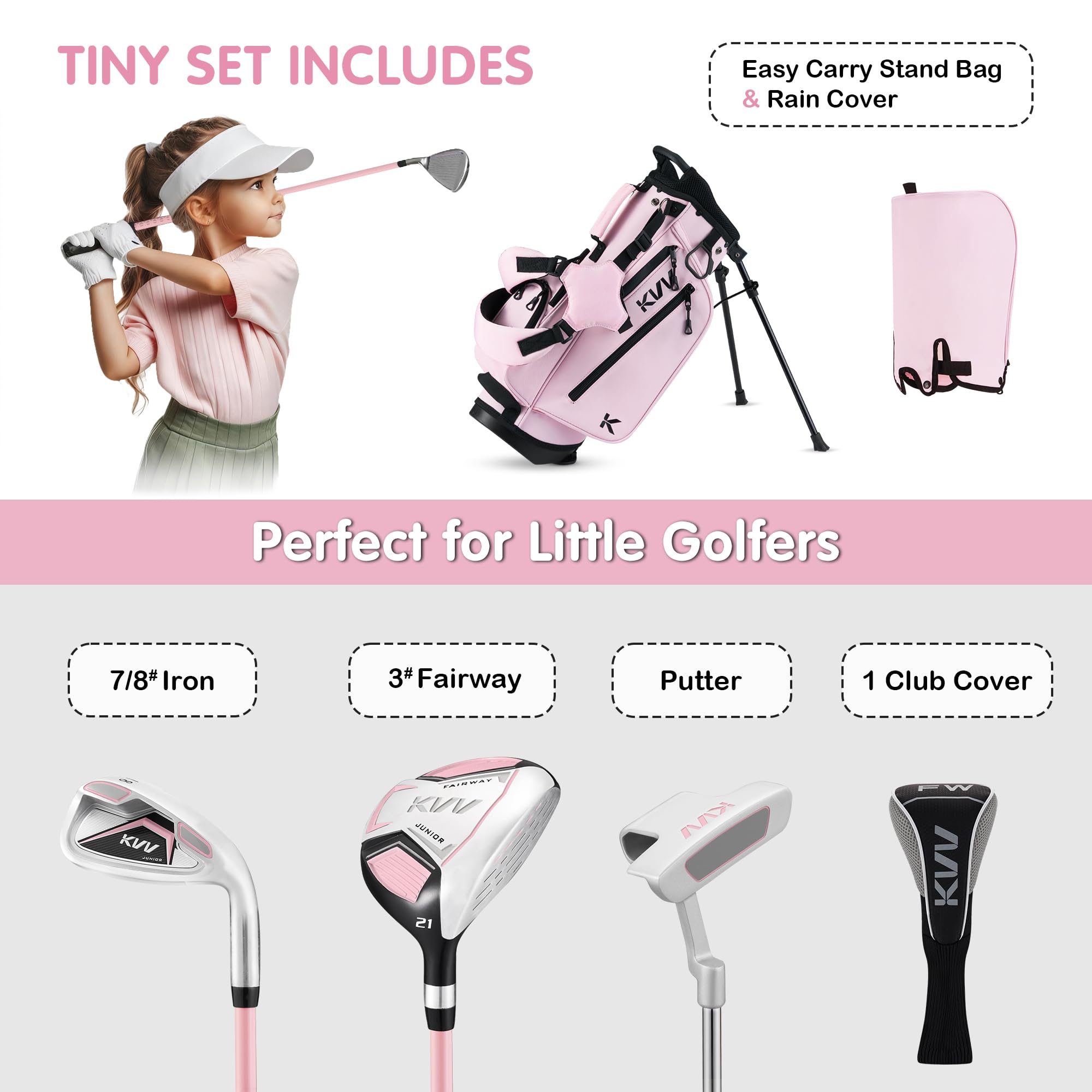 KVV Juego completo de palos de golf para niños de 3 a 5 años, con bolsa de soporte ligera, Fairway, Iron y Putter para diestros (rosa, edades de 3 a 5 años)
