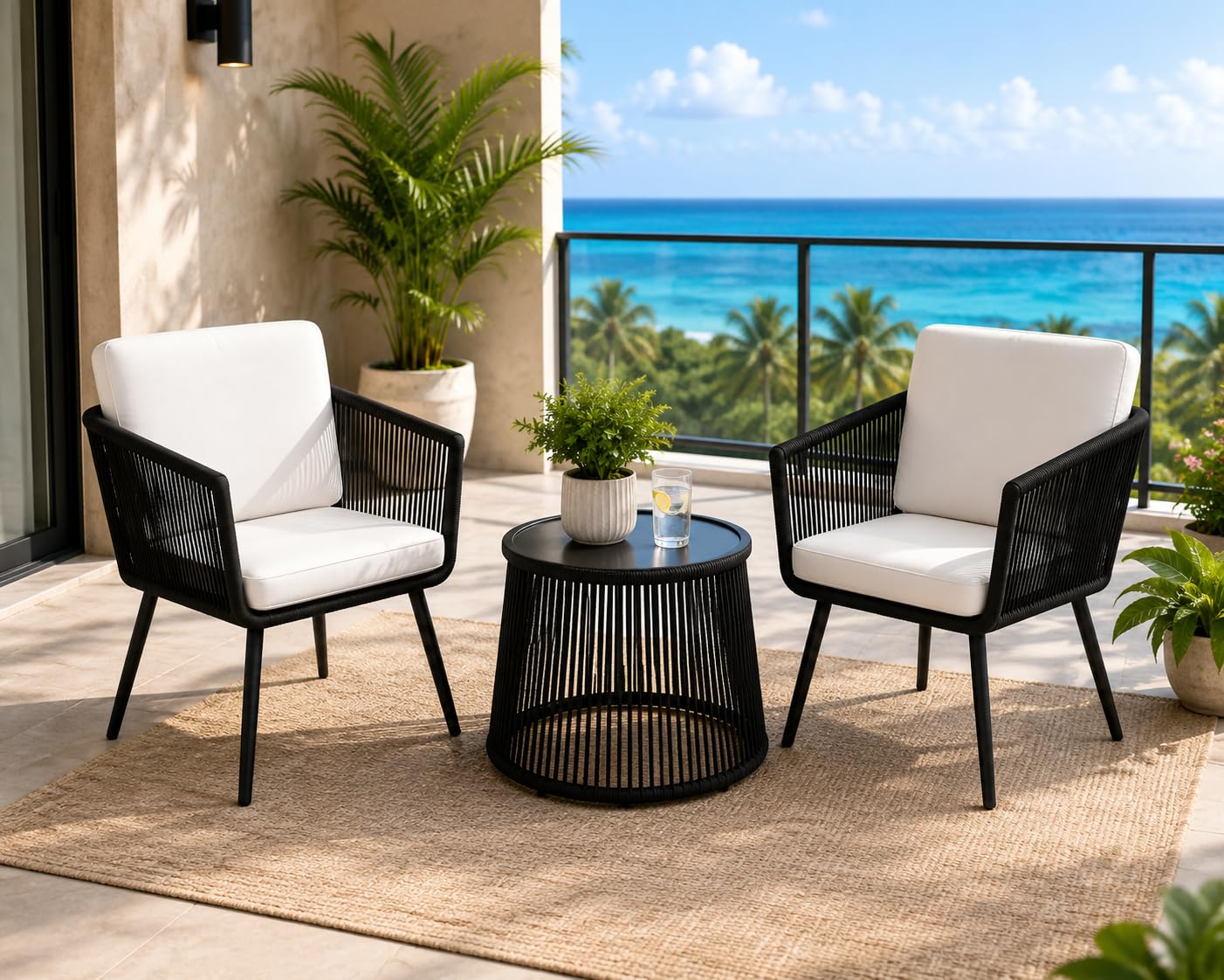 STRINGKNOT Viraj Luxe Outdoor Patio Furniture Set with 2 Handwoven Braid Rope Chairs (Black), Cushions (White) & Glass Top Table, Coffee Set for Balcony, Garden or Terrace-image-38