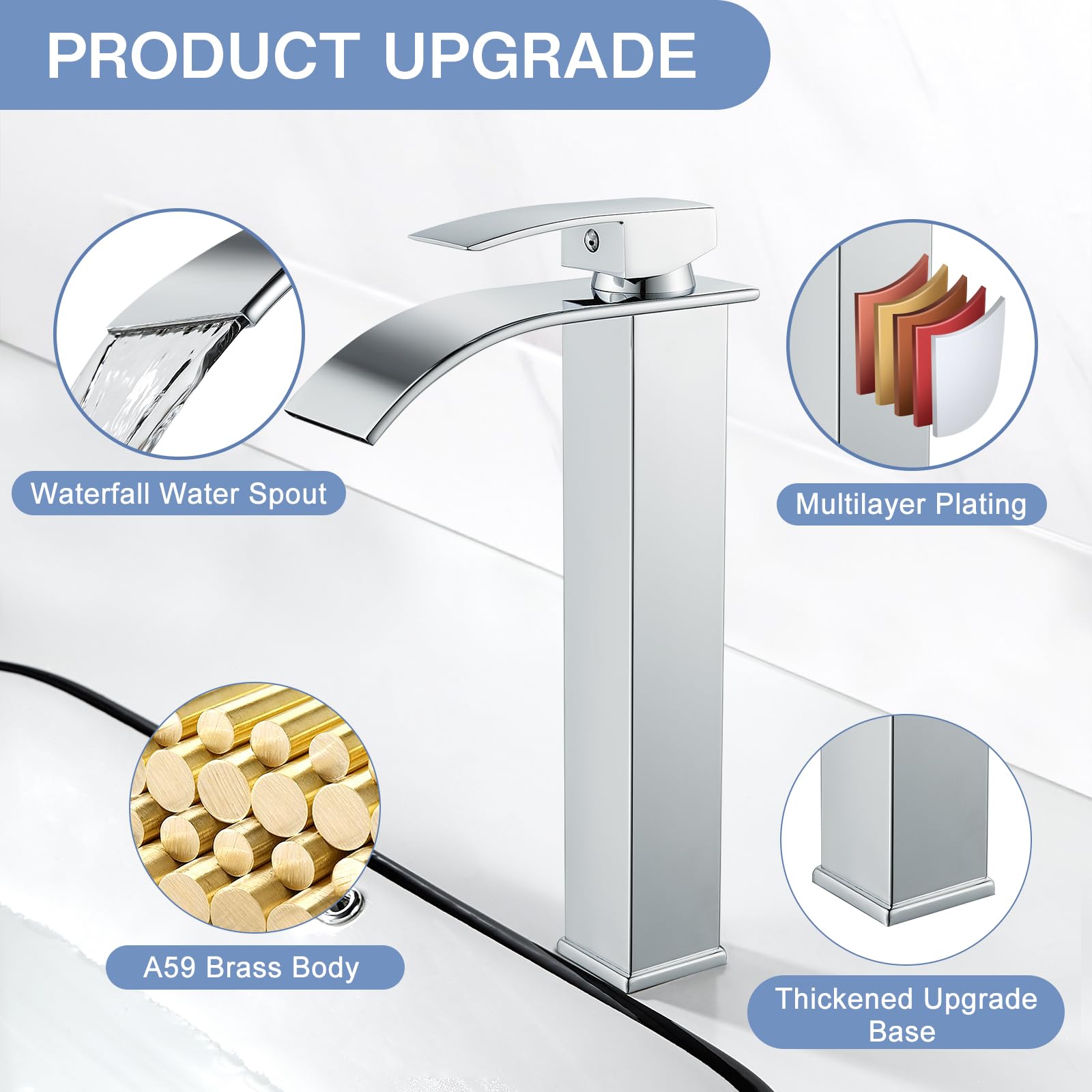 kisimixer Rubinetto Bagno Lavabo Alto Cascata, Miscelatore Lavabo Bagno Alto Cascata, Rubinetto Monocomando per Lavandino, Acqua Calda e Fredda Disponibile, Cromato