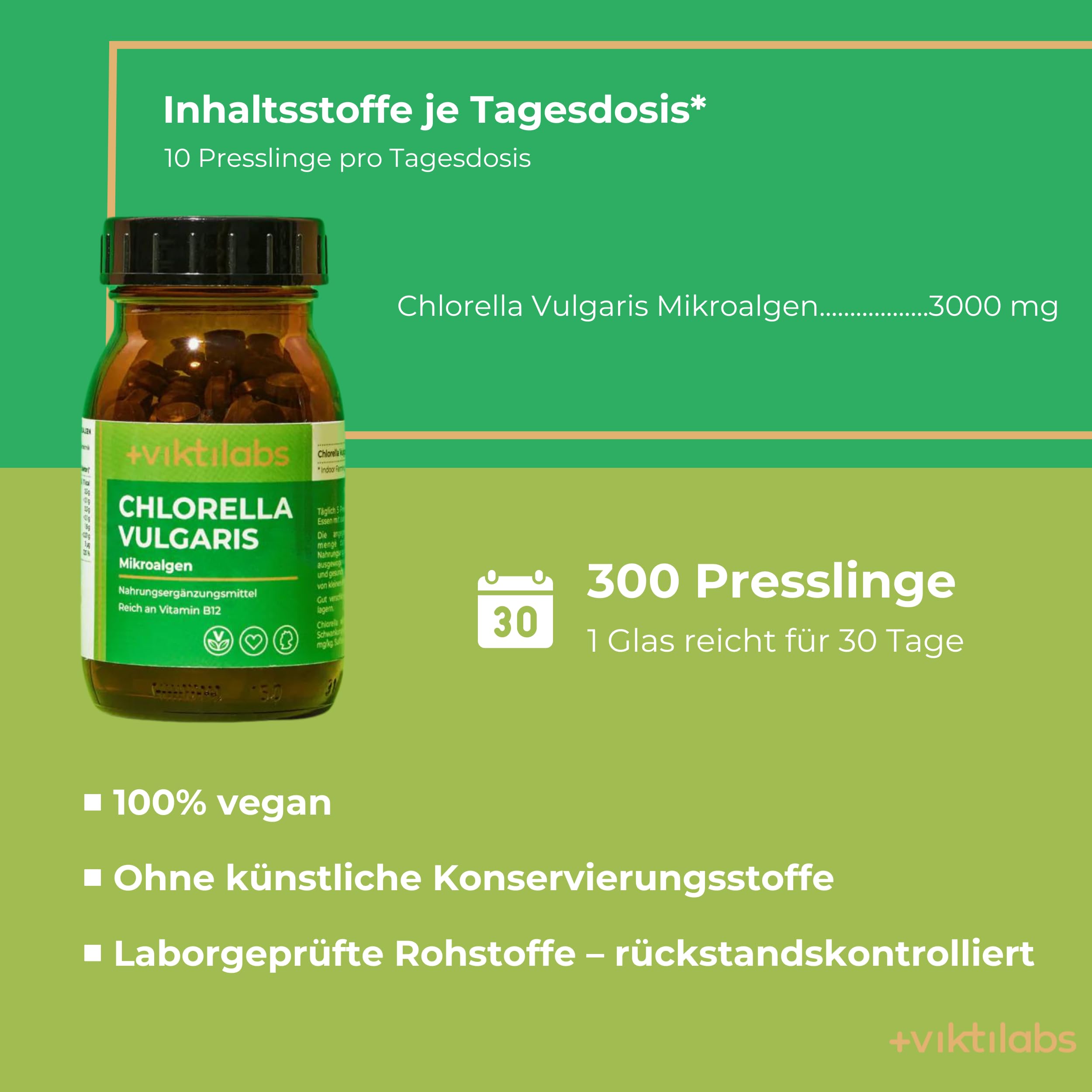 Chlorella Vulgaris - natürliche Mikroalgen - hochdosiert - 300 mg Chlorella pro Pressling - 10 Presslinge pro Tag - 300 vegane - ohne Zusatzstoffe