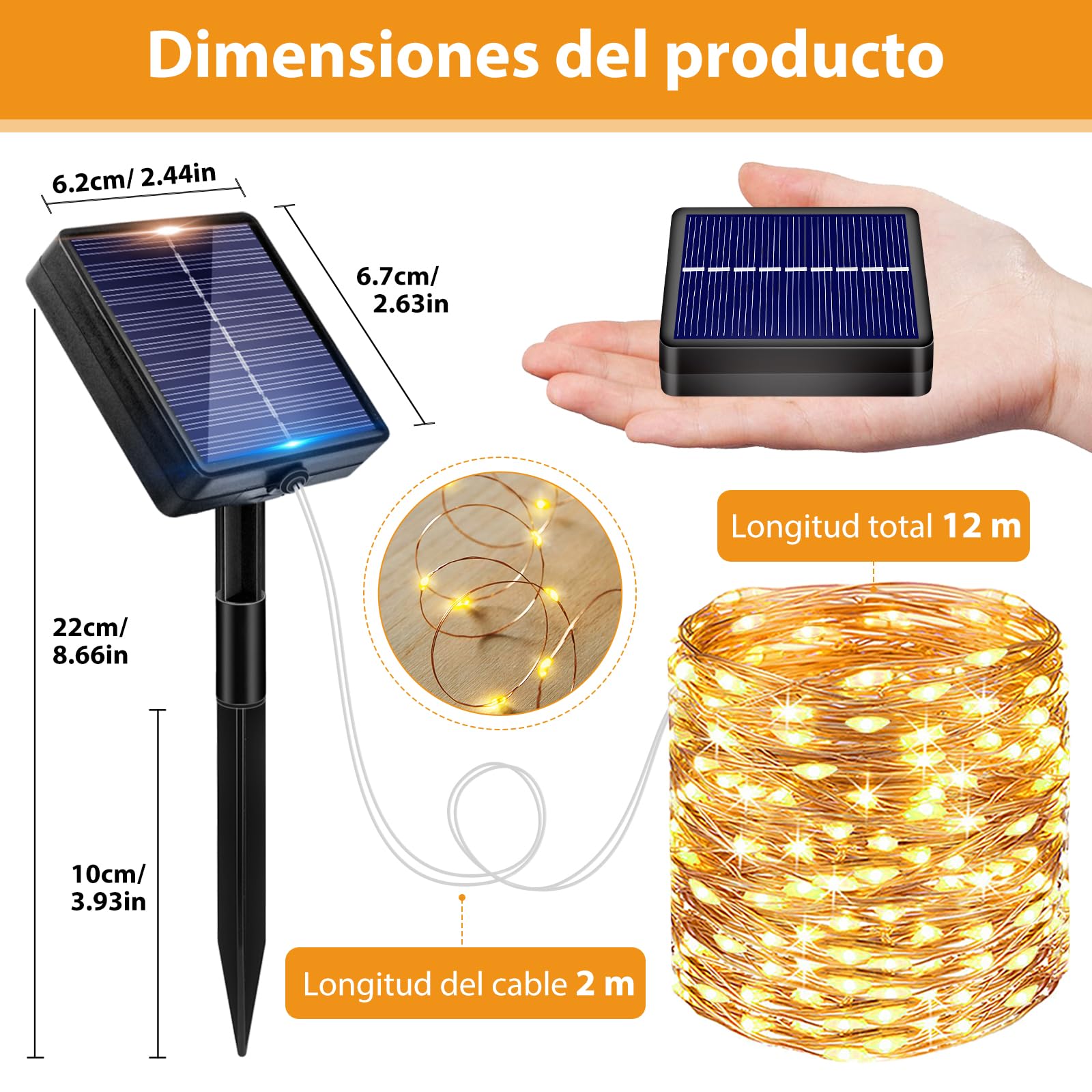 Peasur Guirnaldas Luces Exterior Solar - 3 Pack 12+2M/120LED Luces Solares LED Exterior Jardin Luz Navidad Exteriors Solares Luz Solar Exteriors Jardin Cadena para Exteriores Decoracion Arbol, Cálido